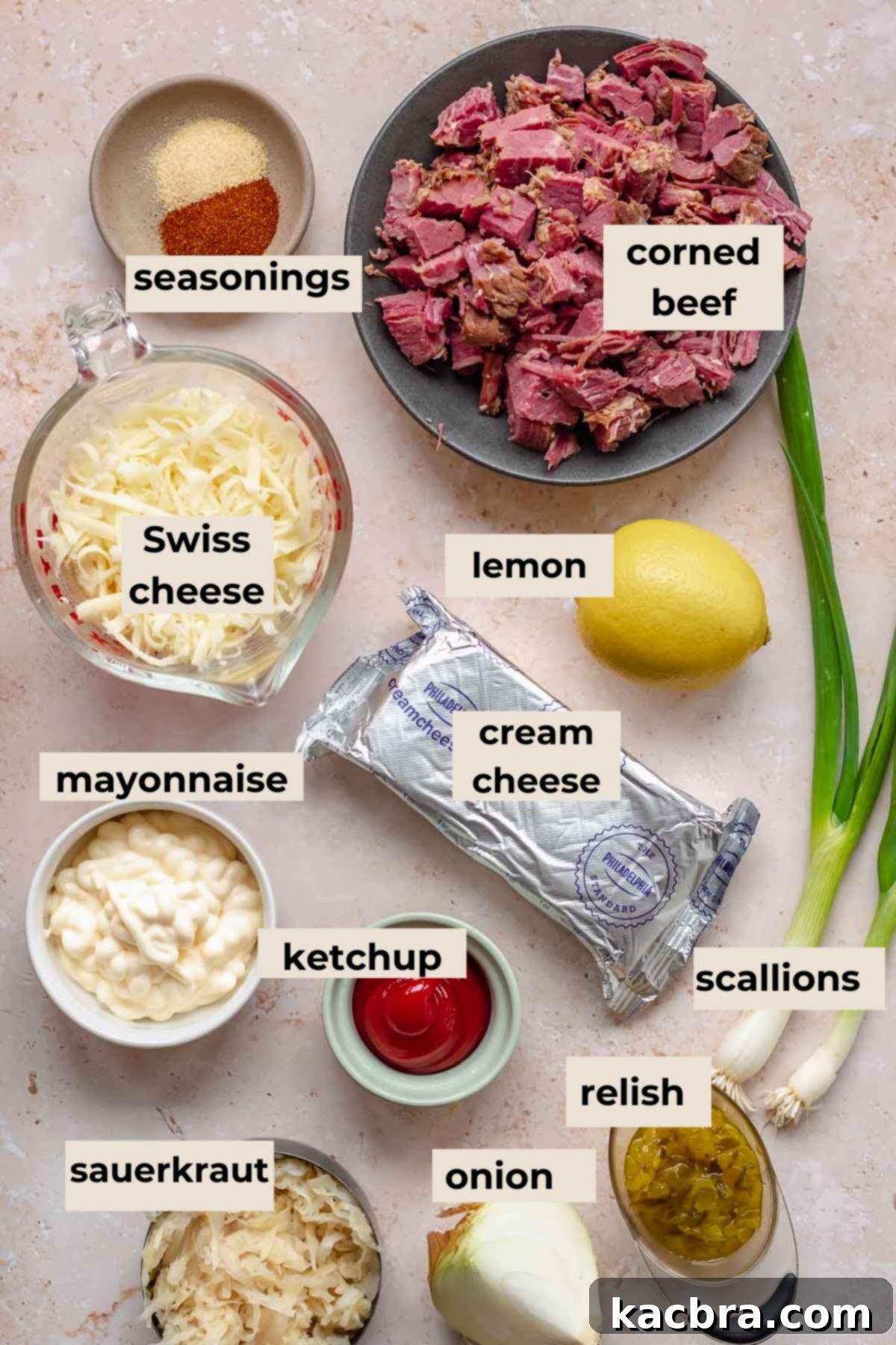 Ingredients for corned beef reuben dip.