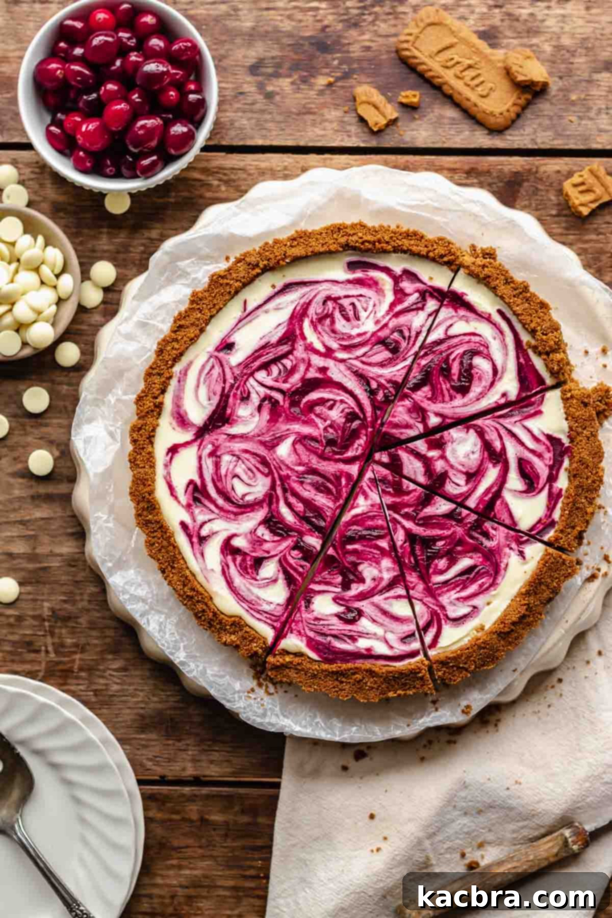 A beautifully presented white chocolate tart with cranberry swirls and sugared cranberries on top, ready to be served.