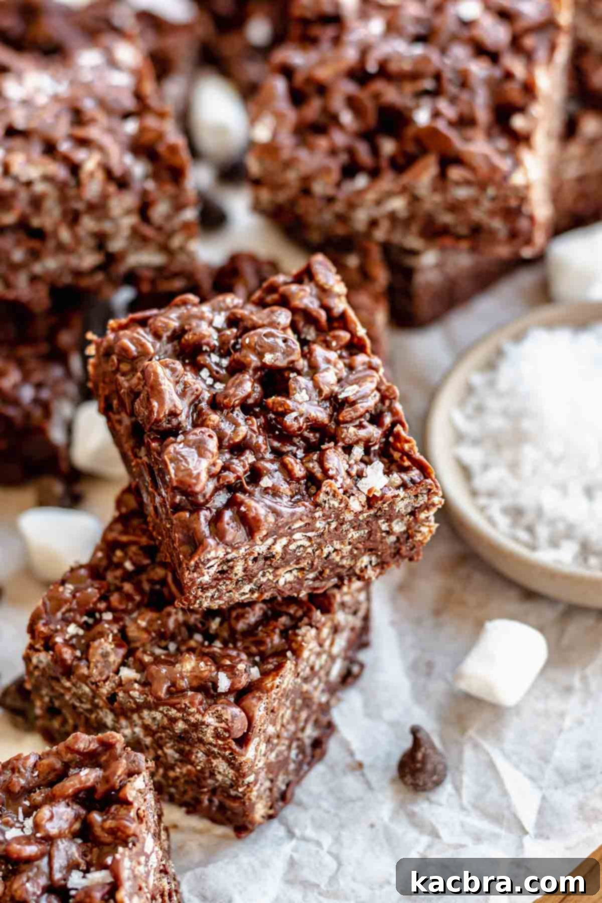 Chocolate Rice Krispie treats stacked on each other, showcasing their rich color and texture.