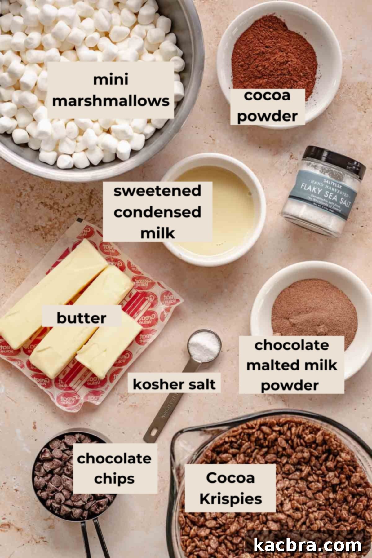 Ingredients for chocolate Rice Krispie treats laid out on a surface.