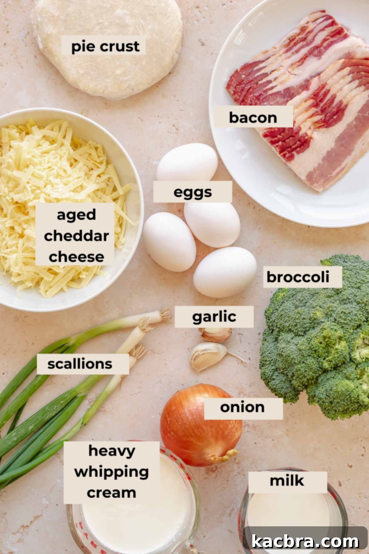 All ingredients for homemade broccoli bacon quiche laid out.