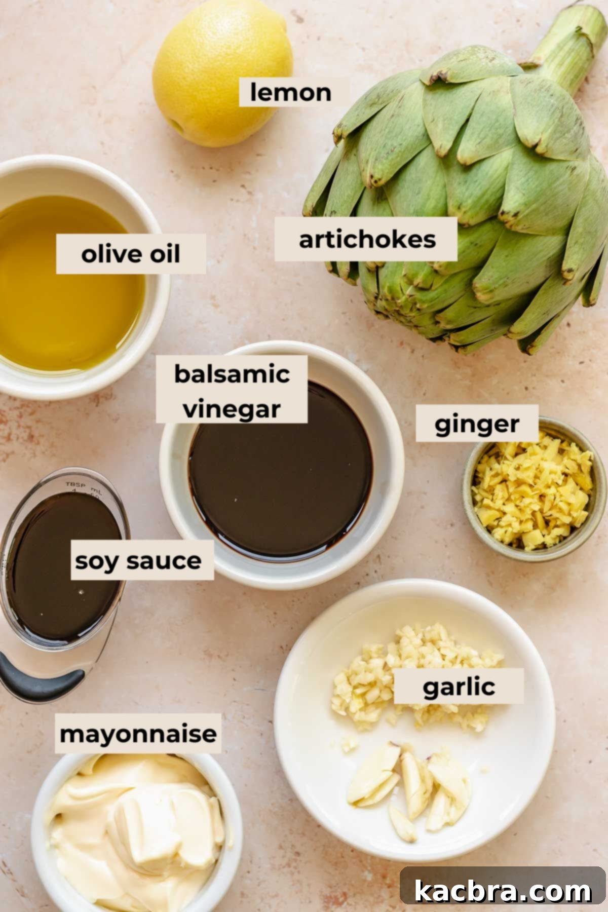 Ingredients for marinated grilled artichokes.