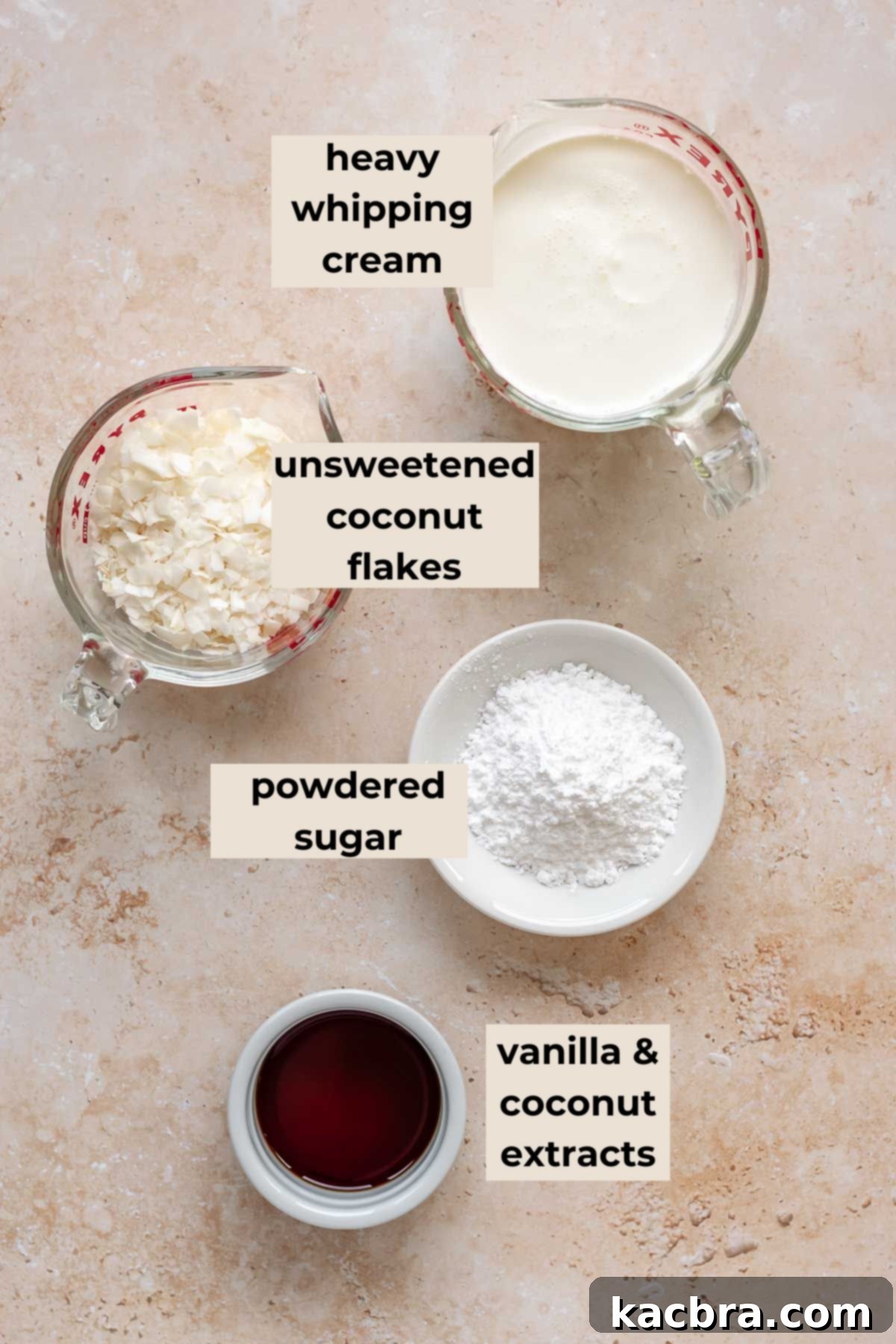 Tres leches cake topping ingredients, including whipped cream, sugar, and toasted coconut flakes.