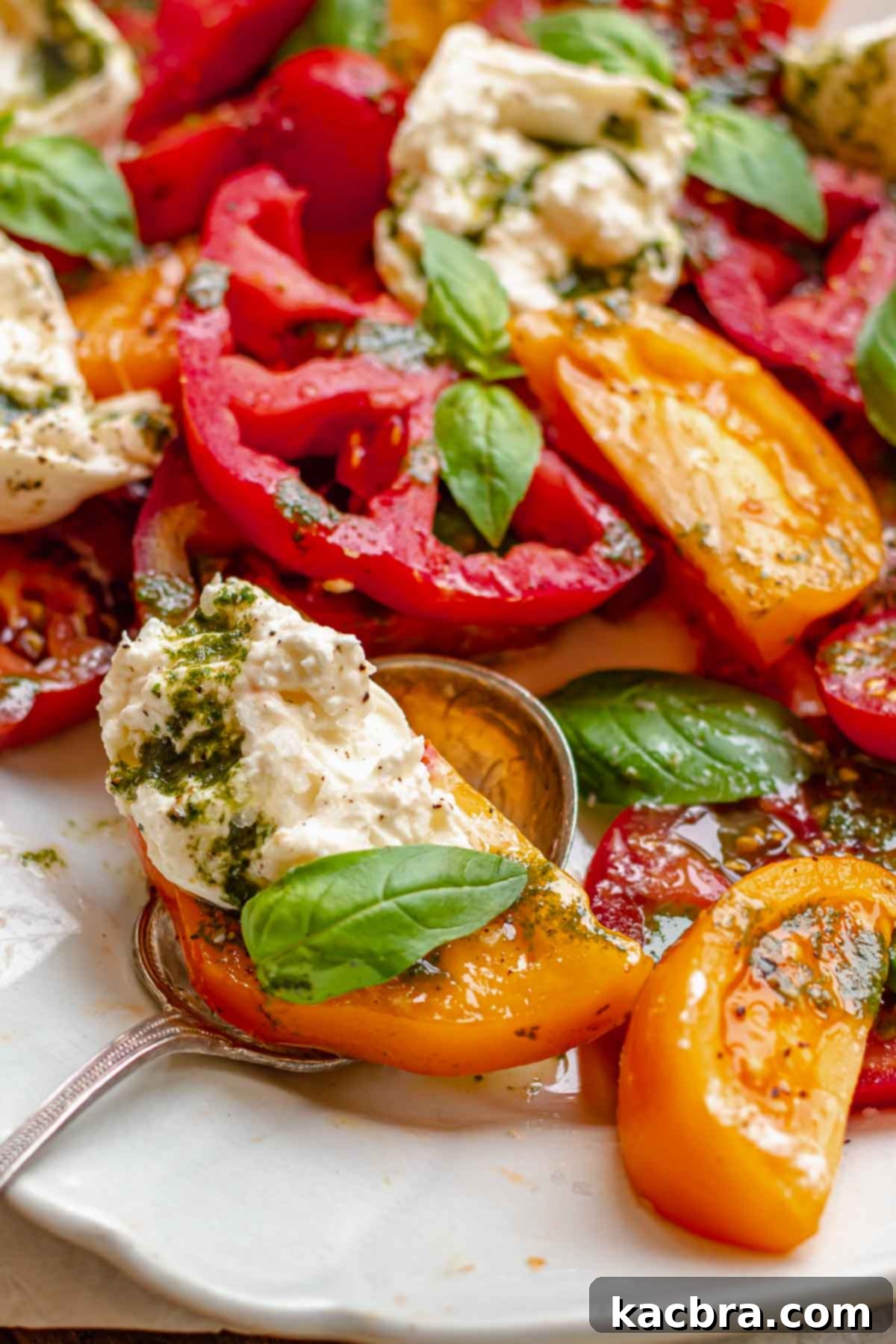 Fresh Burrata Caprese Drizzled with Aromatic Garlic Basil Oil 11 A spoon holds a slice of tomato and burrata.