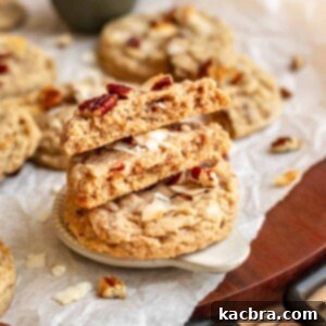 A stack of golden-brown coconut pecan cookies, with the top two broken in half to reveal their soft, chewy interior.