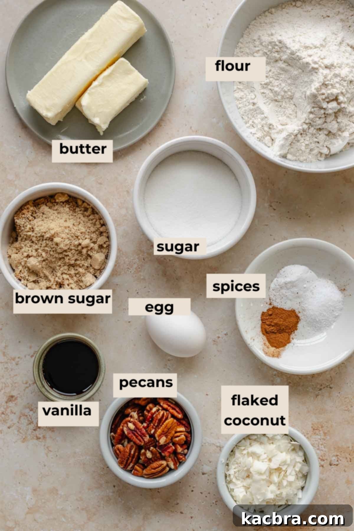 All the essential ingredients for making delicious coconut pecan cookies neatly arranged on a kitchen surface.