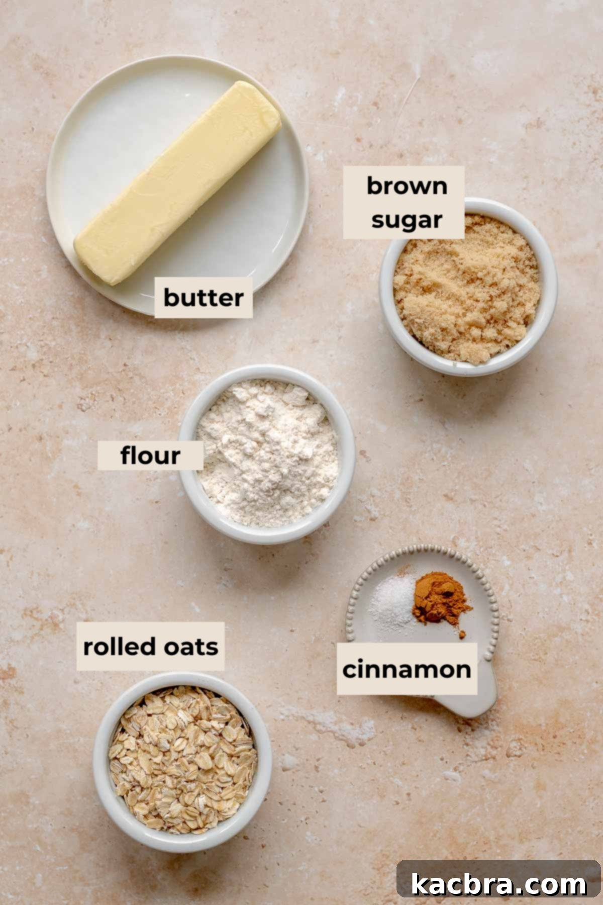 Ingredients for streusel topping including oats, brown sugar, flour, and butter.