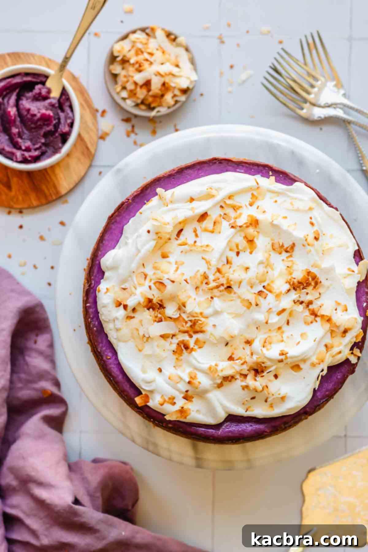 Use cheesecake with whipped cream and coconut flakes.