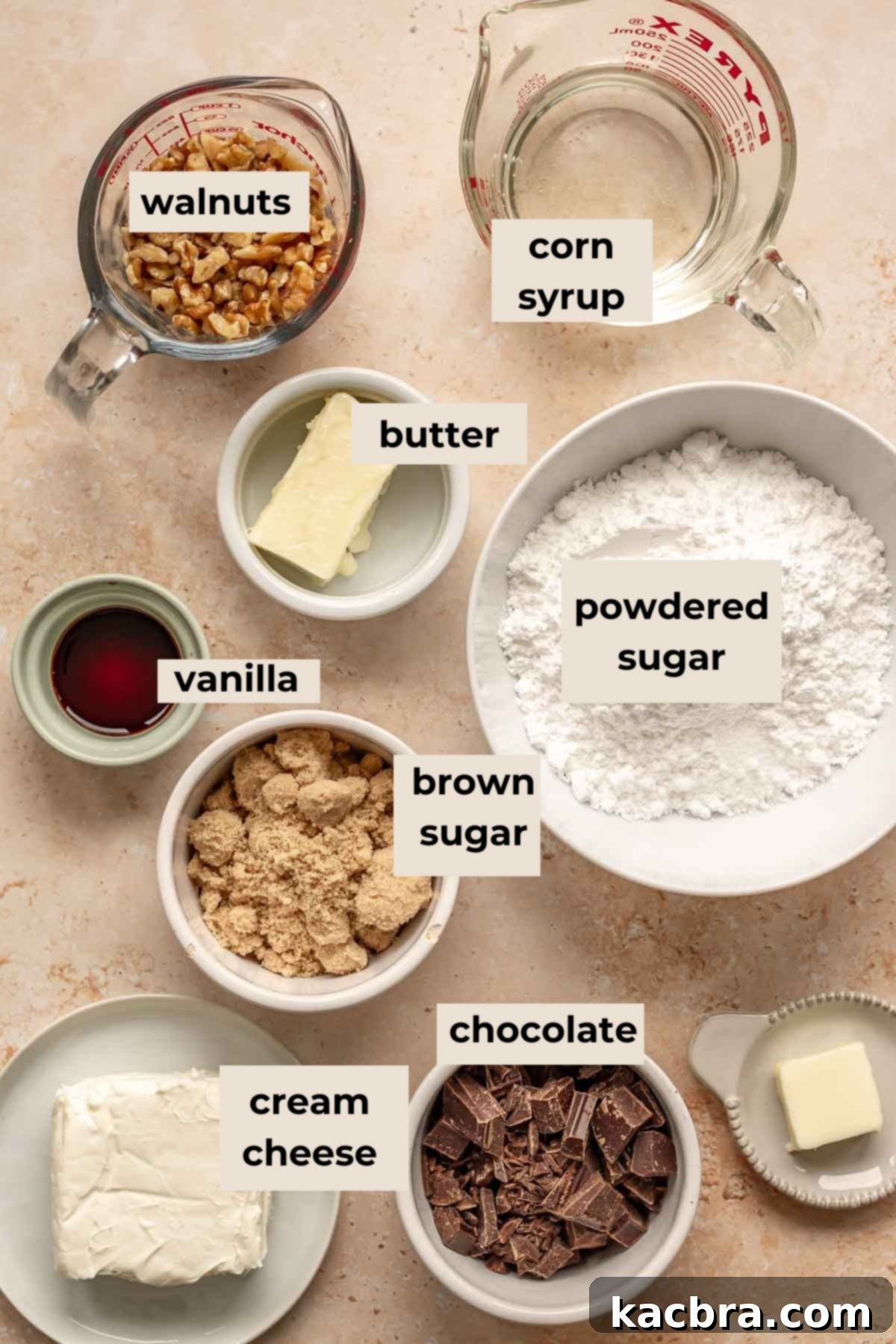 Ingredients for cake filling and frosting, including walnuts, corn syrup, butter, and cream cheese.