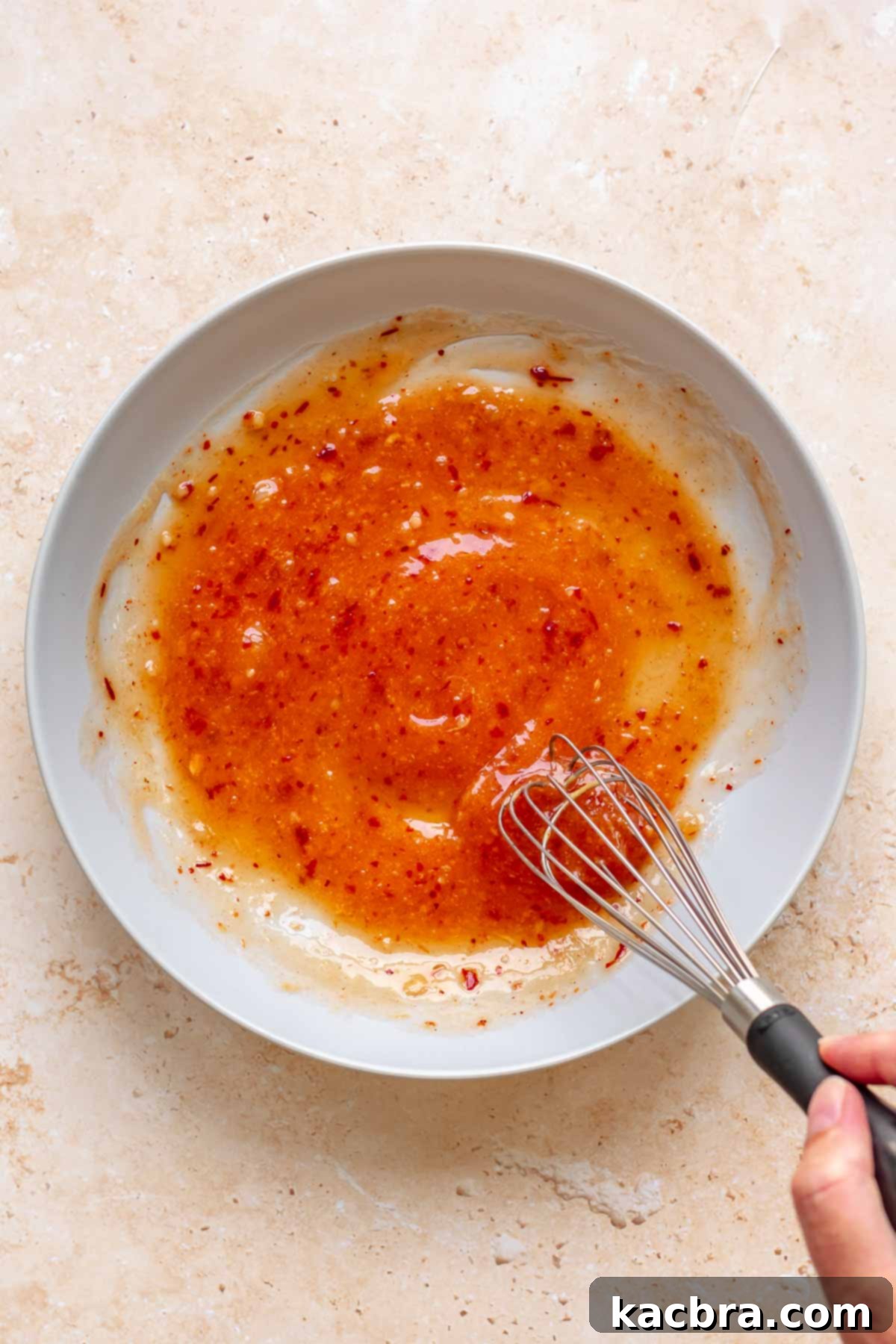 A hand whisks together sweet chili sauce in a bowl.