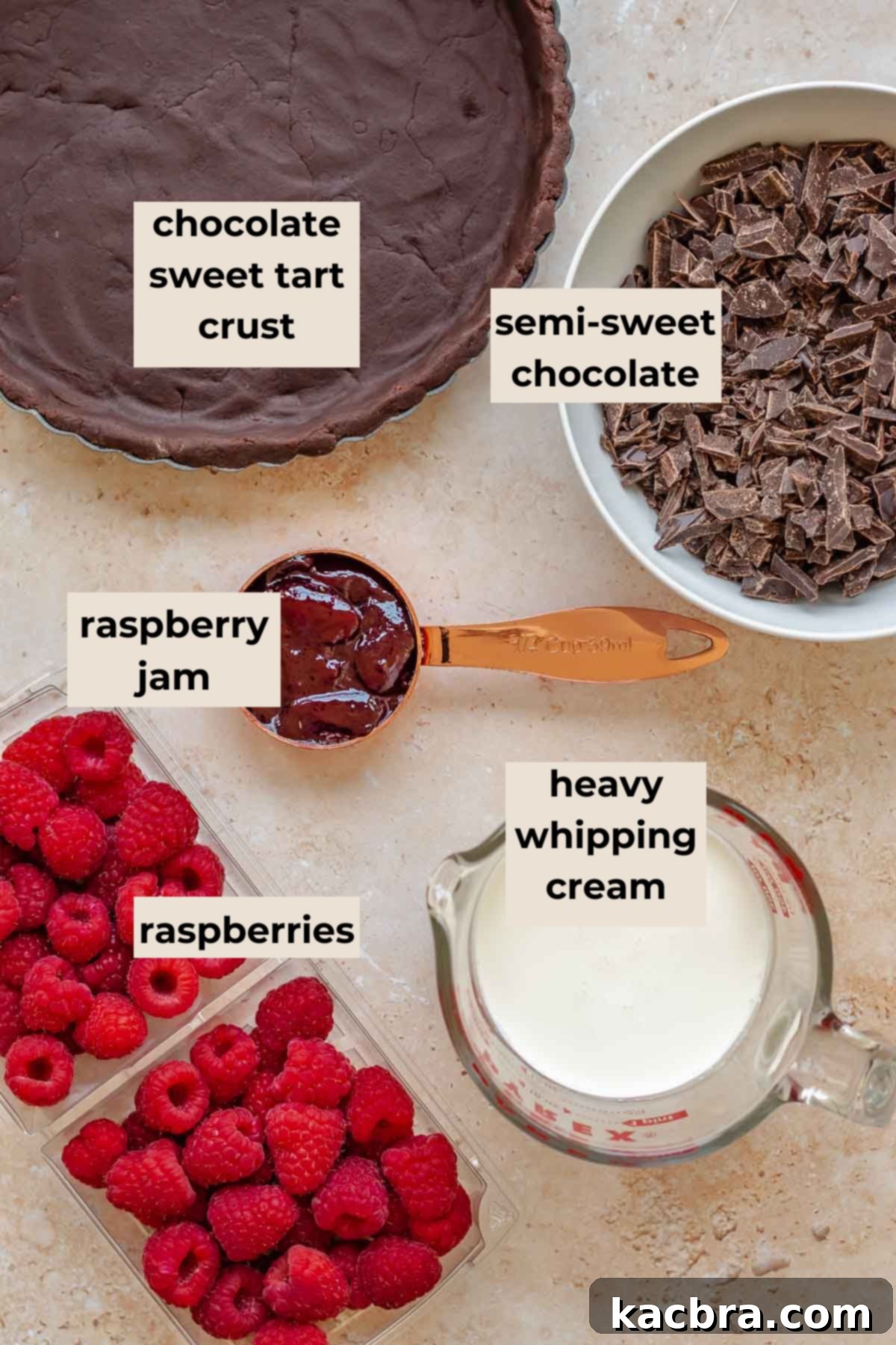 Ingredients for chocolate raspberry tart including butter, sugar, flour, cocoa powder, chocolate, heavy cream, raspberry jam, and fresh raspberries.