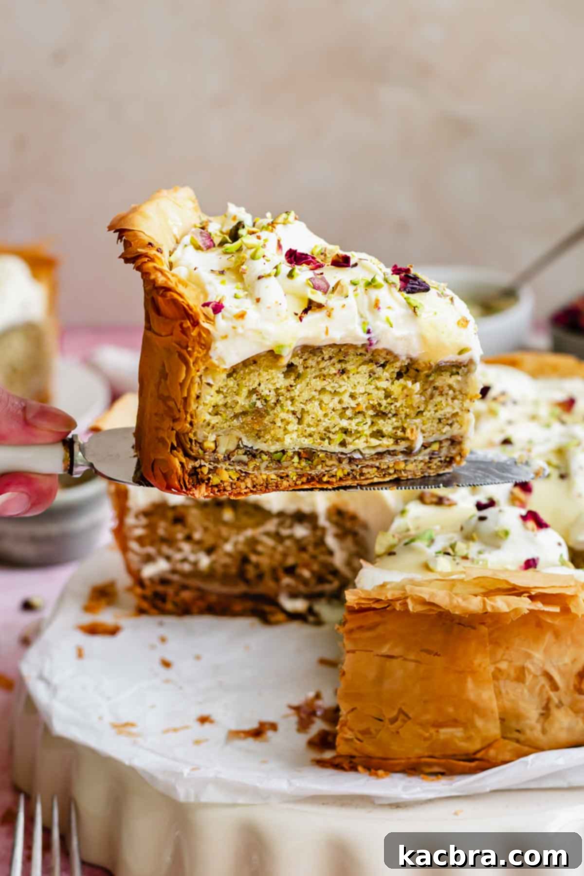 Golden Honey Baklava Dream Cake 2 A serving utensil holds a slice of baklava cake, showcasing its distinct layers.
