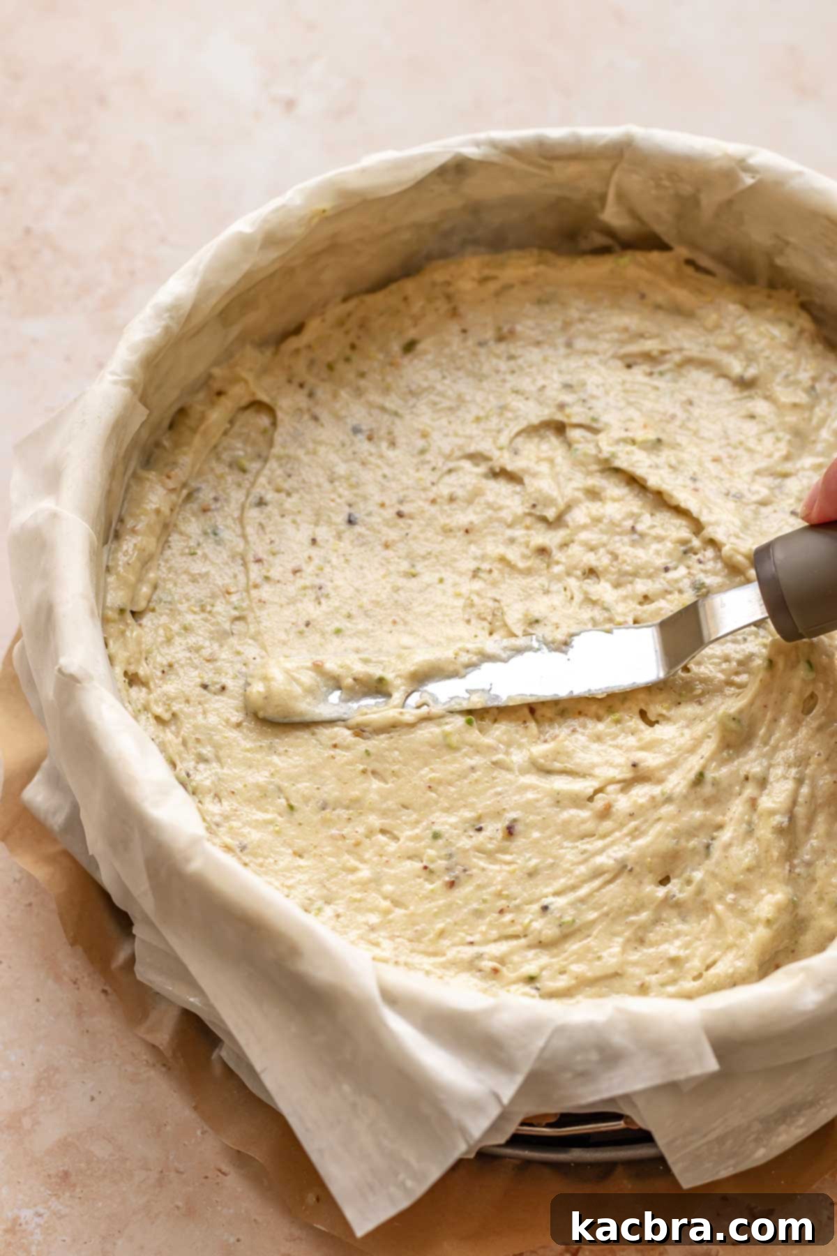 Golden Honey Baklava Dream Cake 16 An offset spatula spreads pistachio cake batter into the phyllo-lined pan.