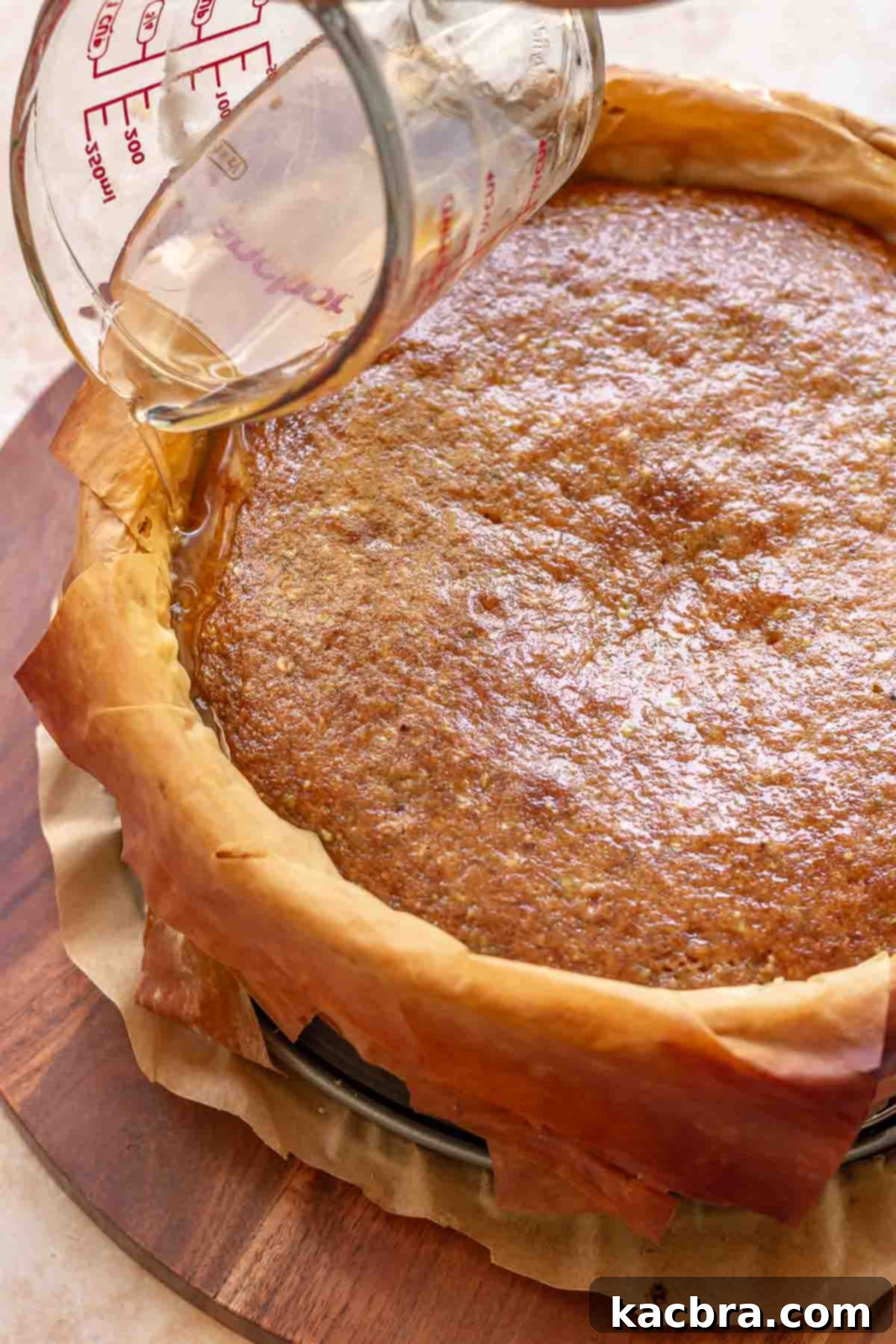 Golden Honey Baklava Dream Cake 18 Honey syrup being poured around the edges of the freshly baked cake.