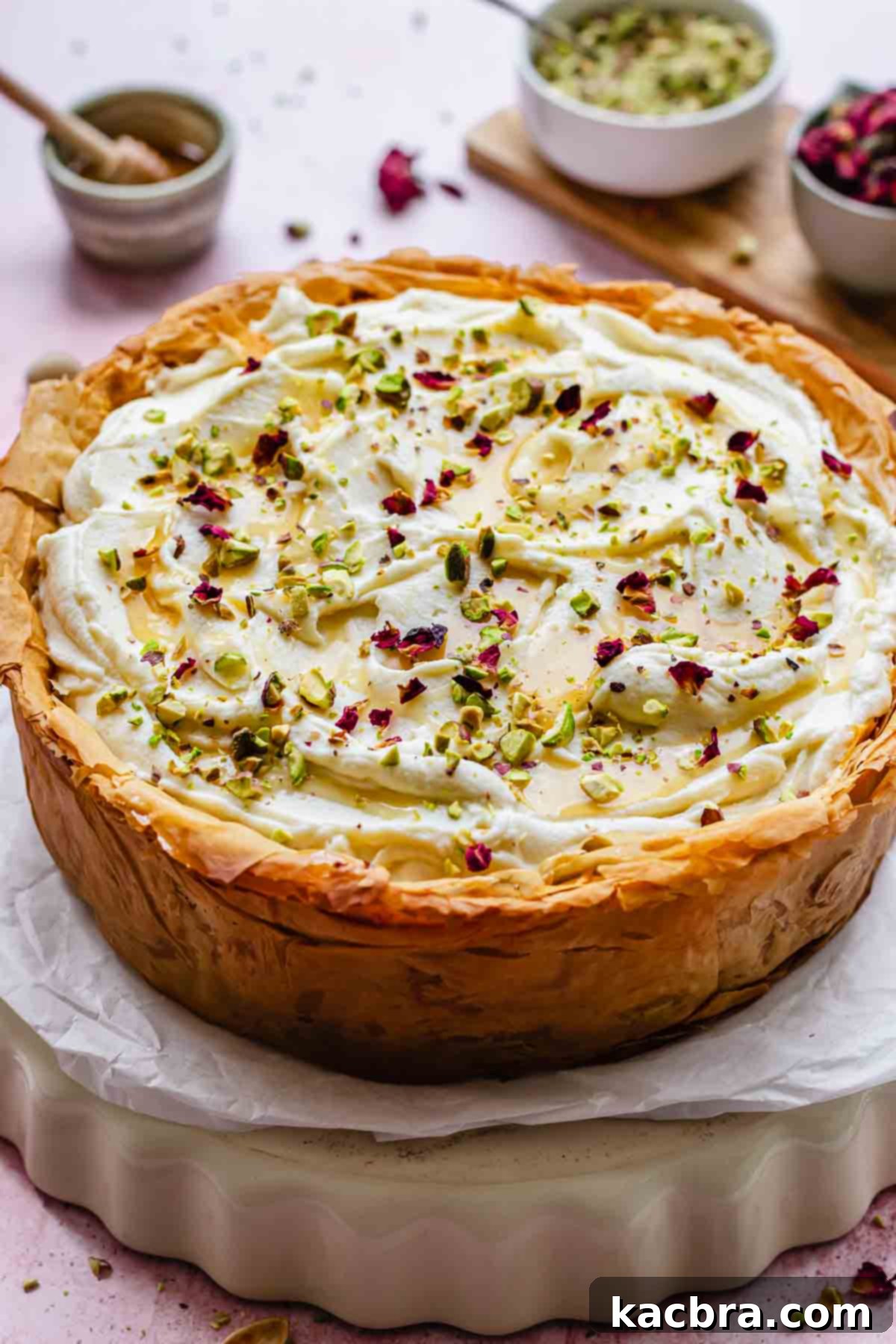 Golden Honey Baklava Dream Cake 20 Fully assembled baklava cake on a platter, before slicing, topped with frosting and pistachios.
