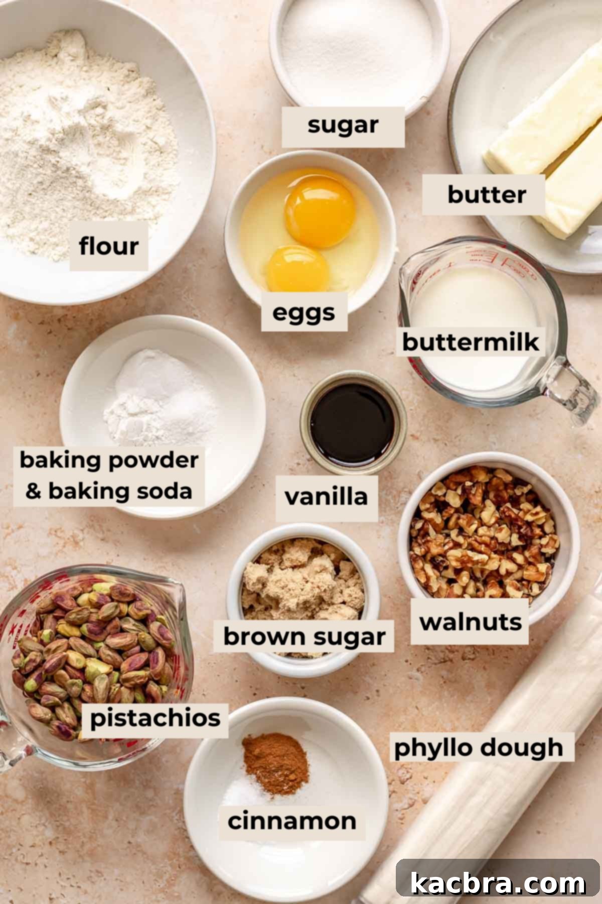 Golden Honey Baklava Dream Cake 3 Ingredients for baklava cake, including flour, sugar, butter, and nuts.