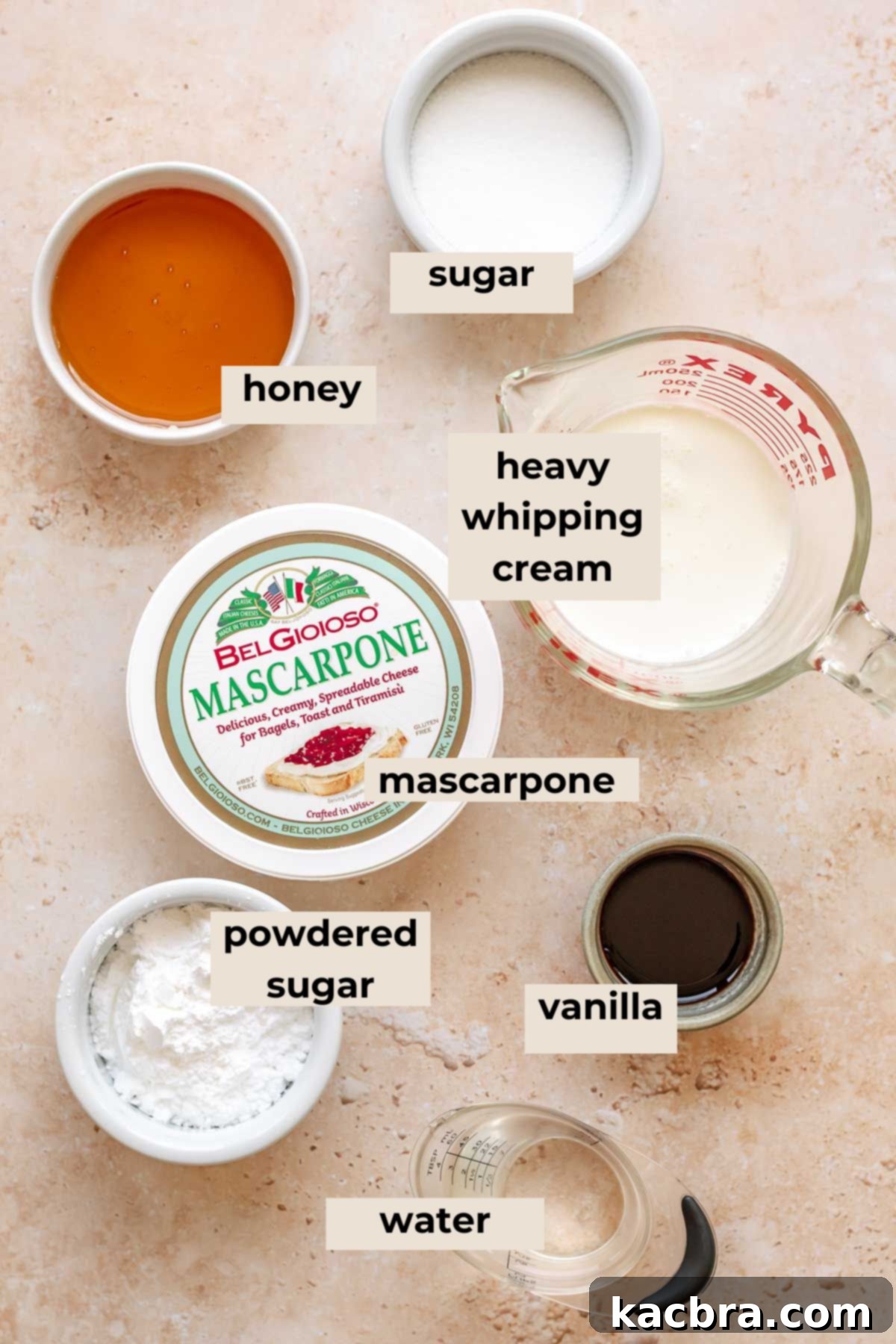 Golden Honey Baklava Dream Cake 4 Ingredients for honey mascarpone frosting, including mascarpone, honey, and heavy cream.