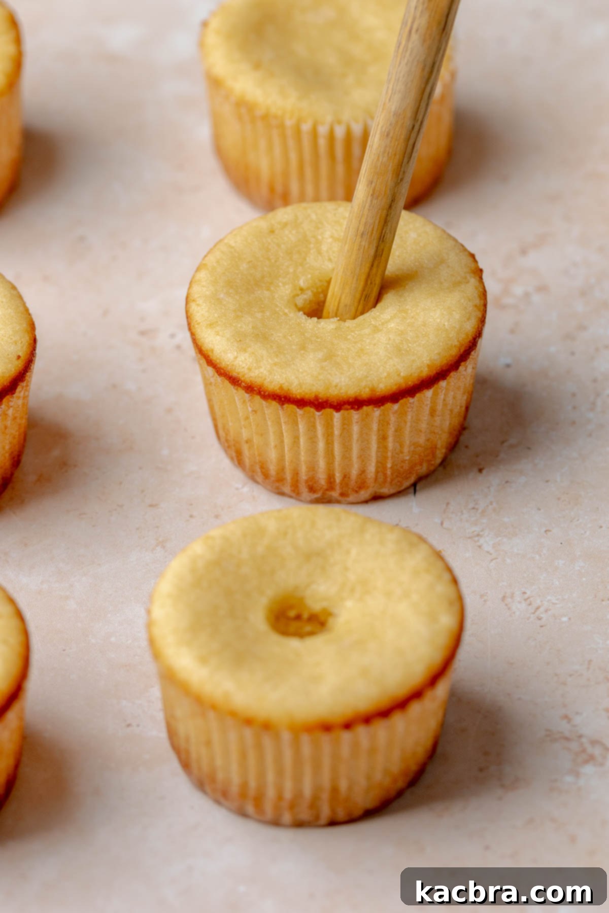 Ruby and Ivory Cupcake Delights 15 A wooden dowel carefully pokes a hole into the center of a cooled vanilla cupcake, creating a cavity for the filling.