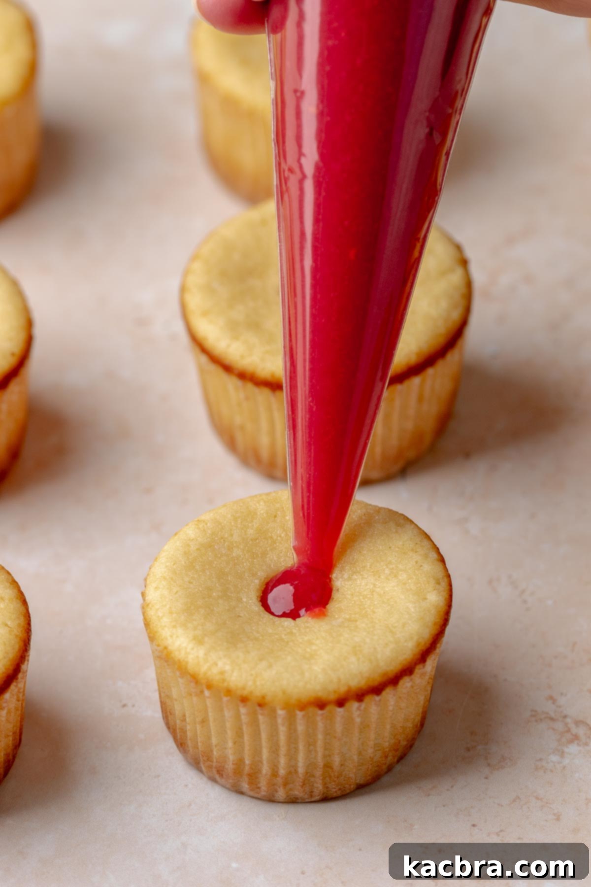 Ruby and Ivory Cupcake Delights 16 A piping bag carefully adds homemade raspberry filling into the hollowed-out center of a cupcake, filling it just to the brim.