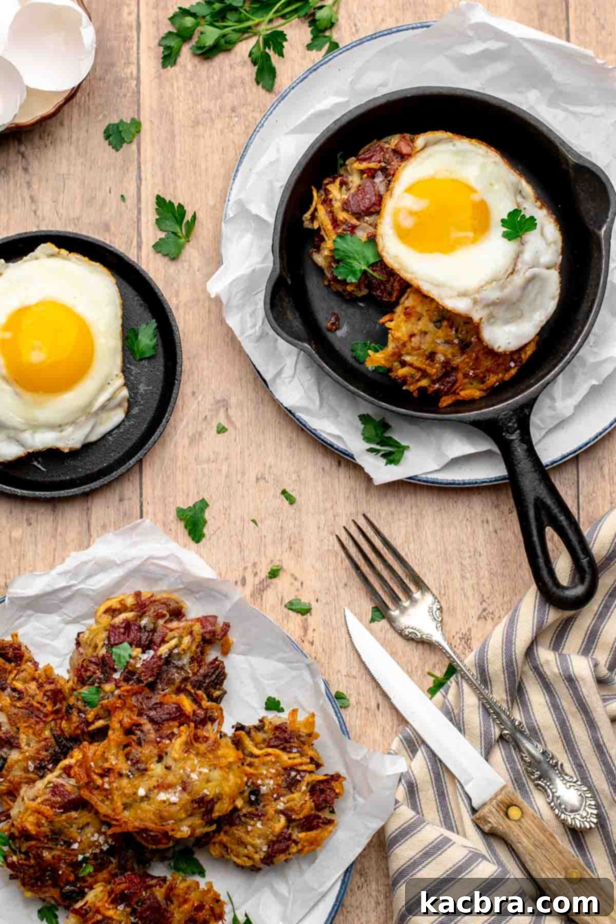 Corned beef hash patties and eggs.