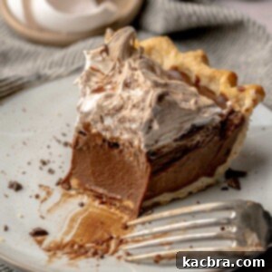 Chocolate meringue pie on a plate with a bite removed.