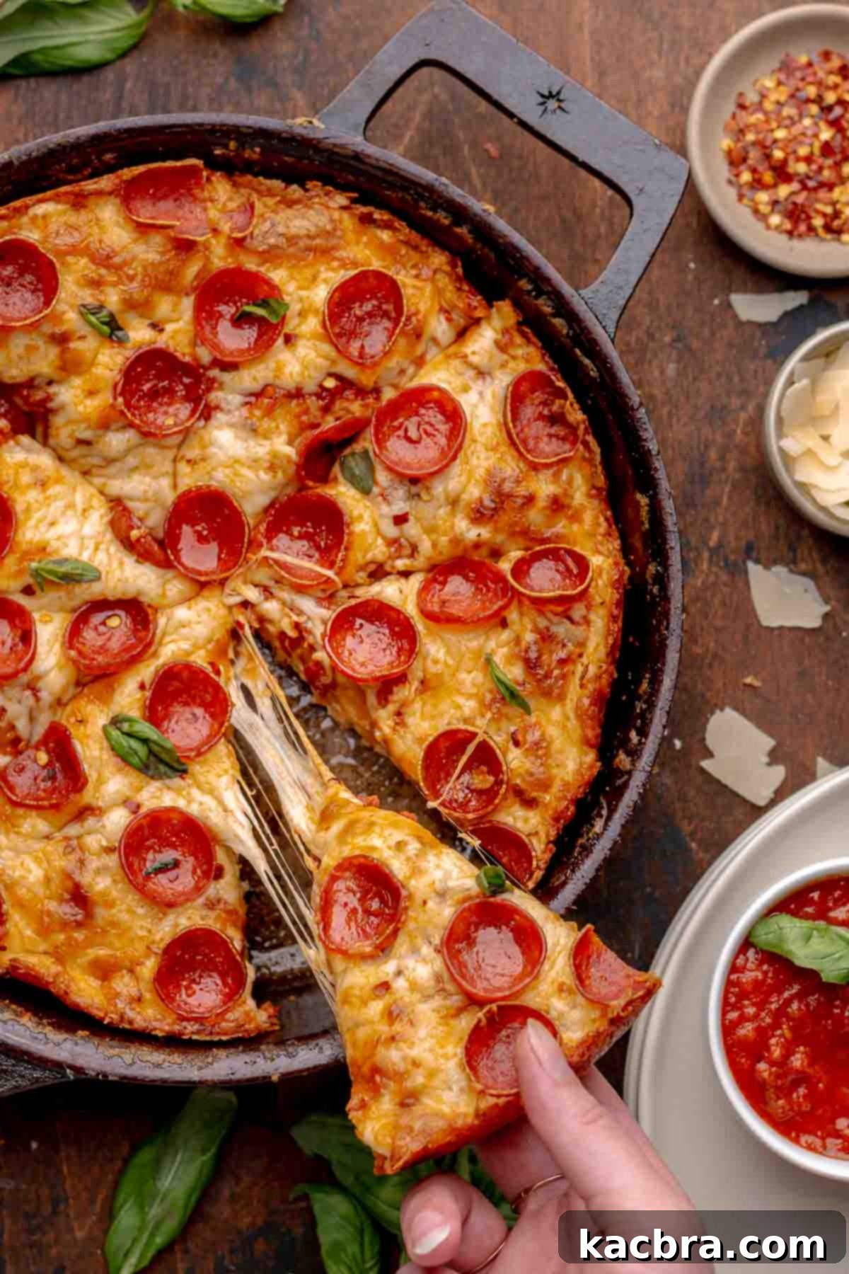 A hand pulls a piece of pizza from a cast iron skillet.