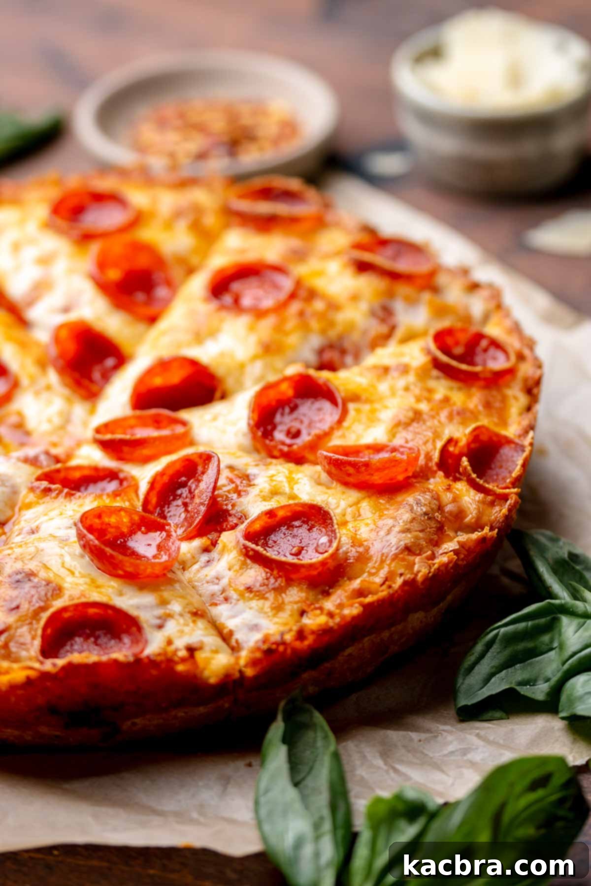Finished cast iron pan pizza on parchment paper.