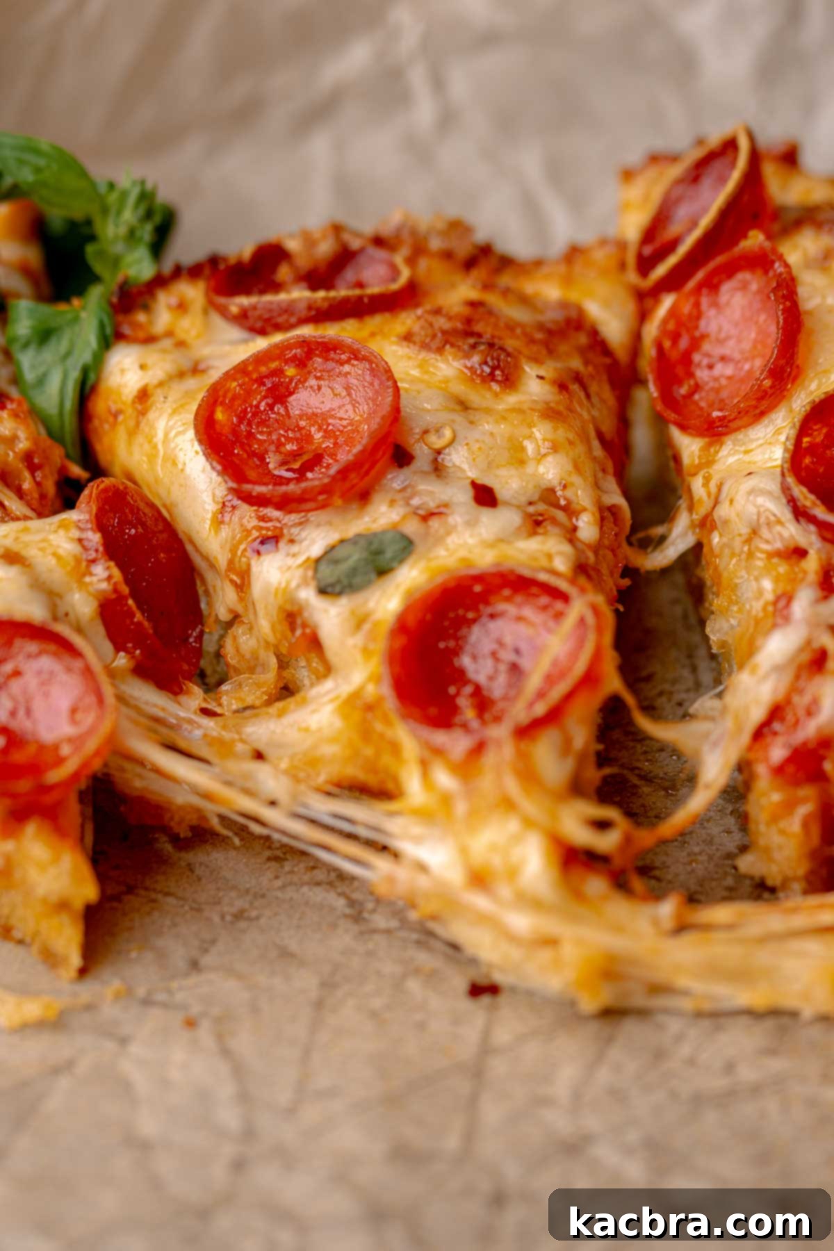 Slices of thick pepperoni pizza with cheese pulls in between.