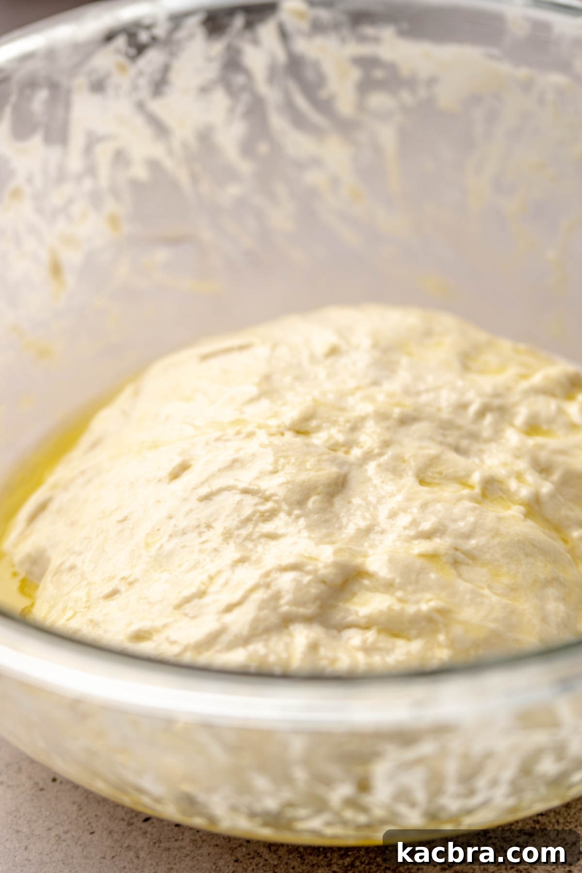 Risen, puffy dough in a bowl with olive oil over top.
