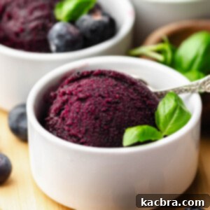 Blueberry sorbet in a cup with basil leaves.