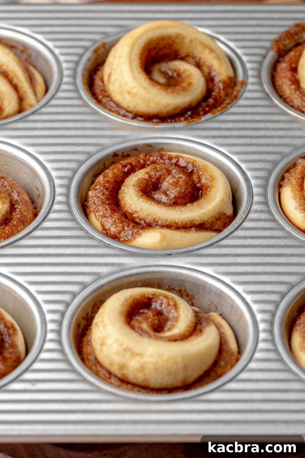 Baked mini cinnamon rolls in a muffin tin.