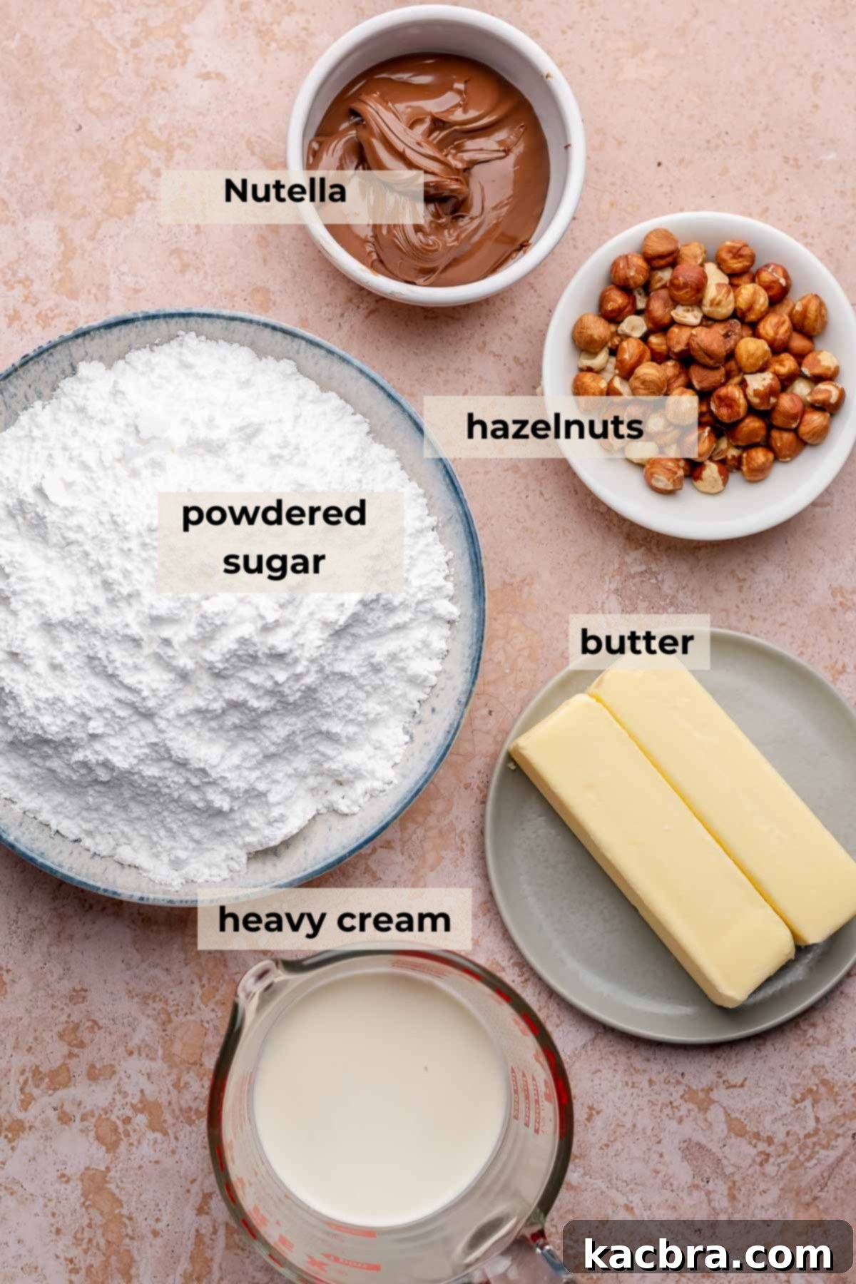 Ingredients for Nutella buttercream and hazelnut filling.
