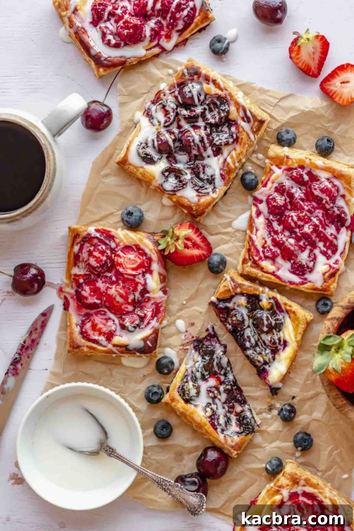 Various fruit and cheese danishes on a table with coffee nearby.