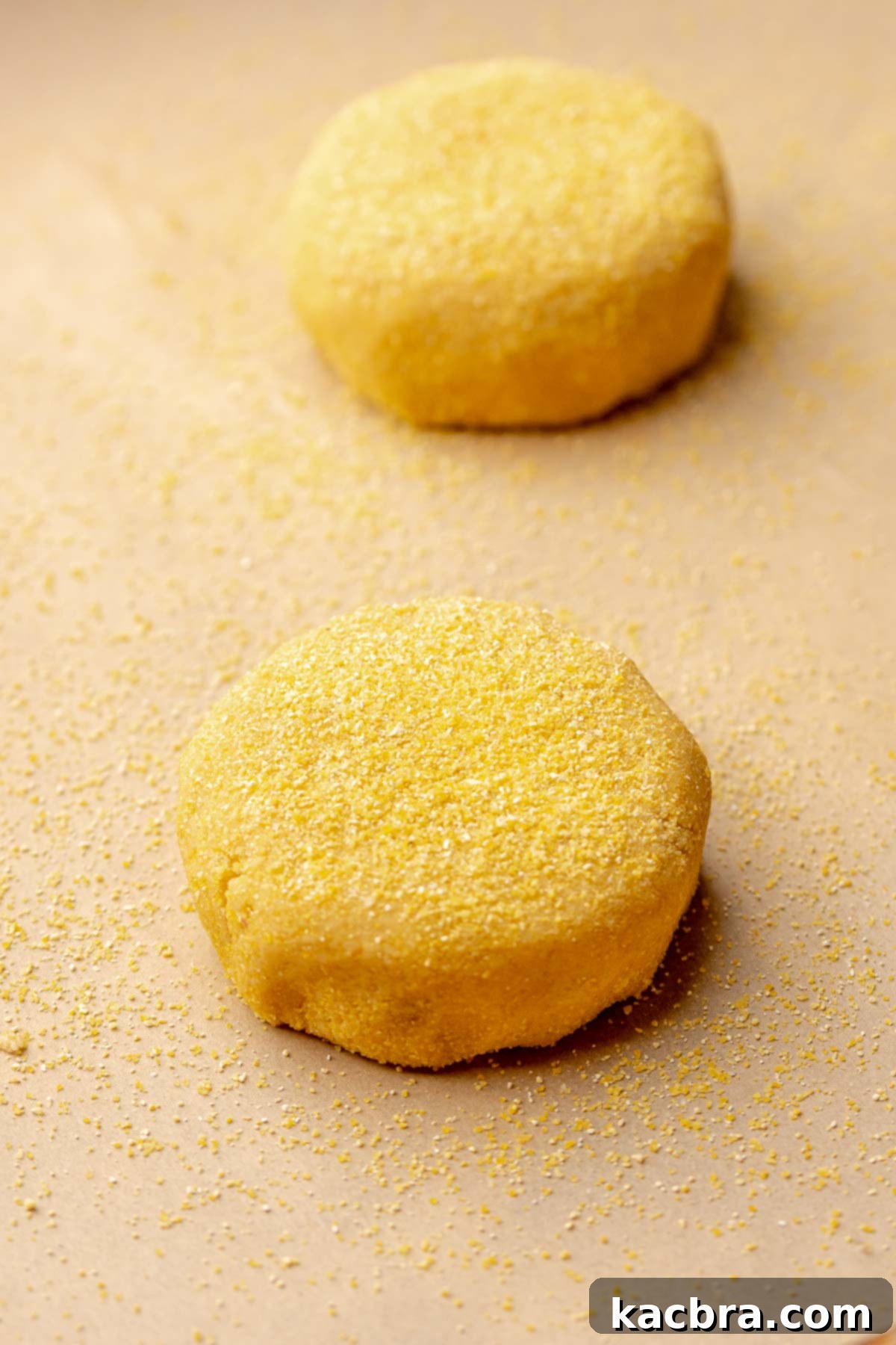 Warm Cornbread Cookies with Whipped Honey Butter 11 Flattened cornbread cookies generously sprinkled with cornmeal on a baking sheet, ready for the oven.