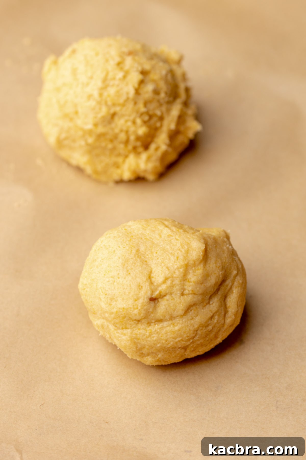 Warm Cornbread Cookies with Whipped Honey Butter 8 Portioned balls of cookie dough arranged neatly on a baking sheet, awaiting their cornmeal coating.