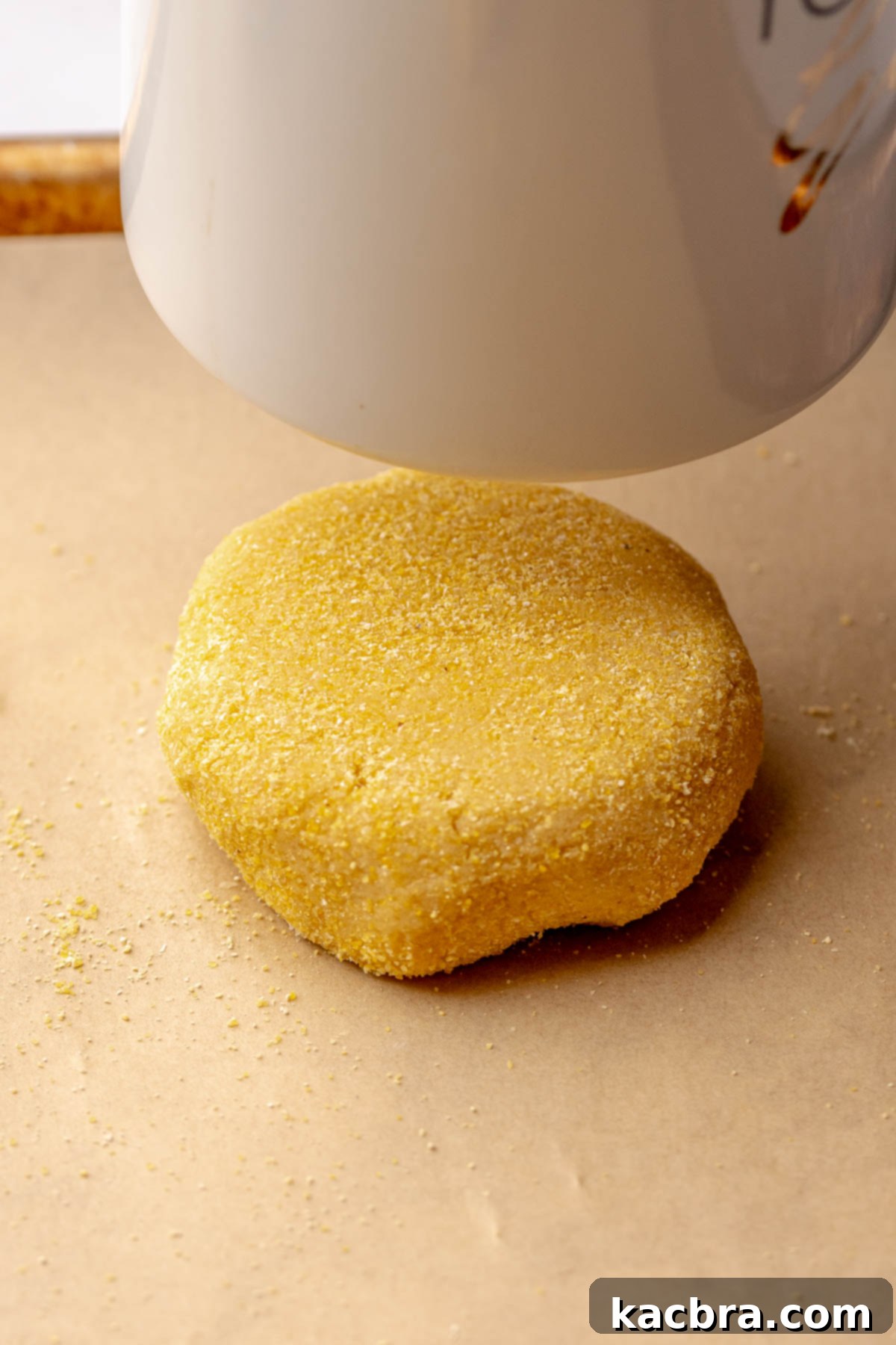 Warm Cornbread Cookies with Whipped Honey Butter 10 A coffee mug gently pressing down on cookie dough balls on a baking sheet to flatten them slightly before baking.