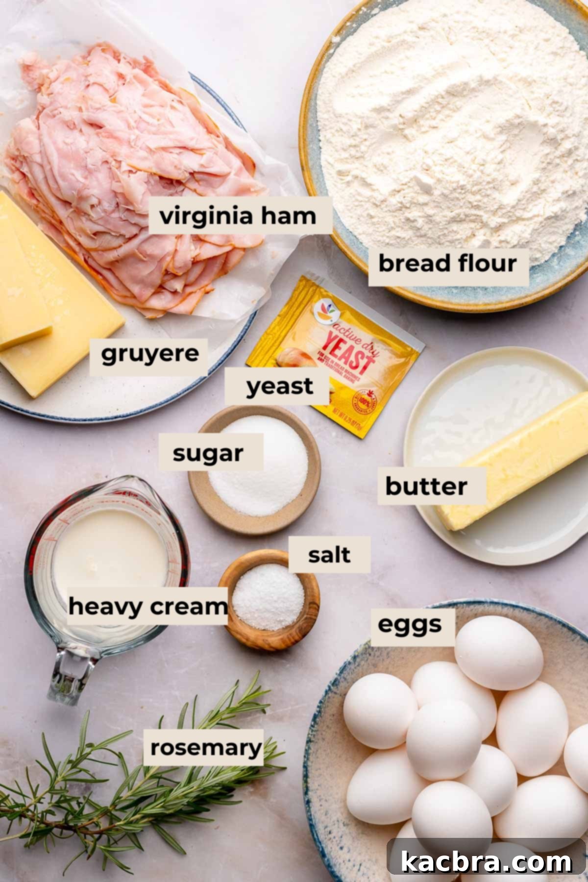 Fluffy Savory Rolls with Golden Hollandaise 4 Ingredients for savory breakfast rolls dough and filling laid out.