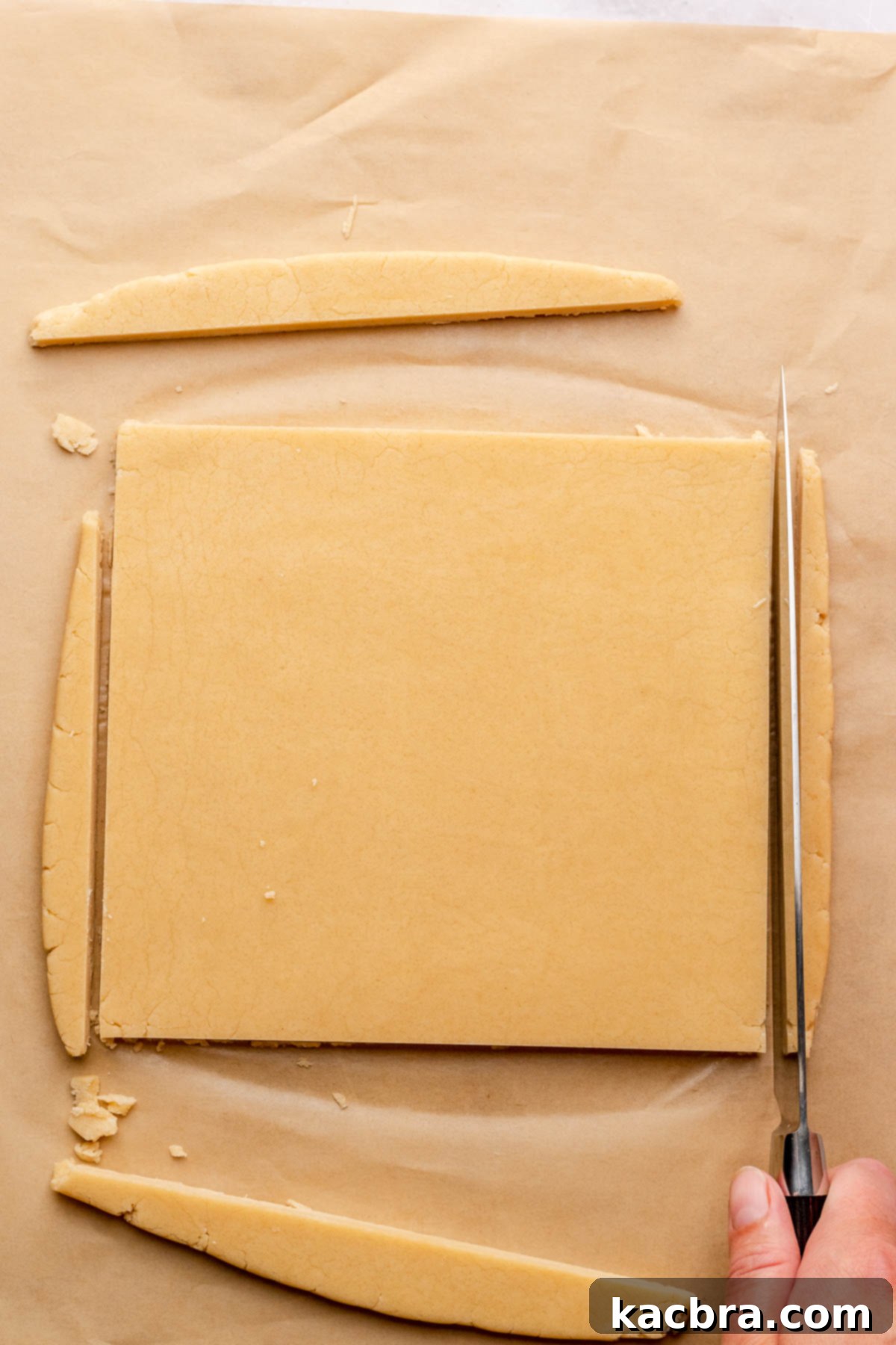 Irresistible Chocolate Cookie Dippers 11 A knife cutting the chilled, rolled out shortbread cookie dough into a neat 8x8 inch square.