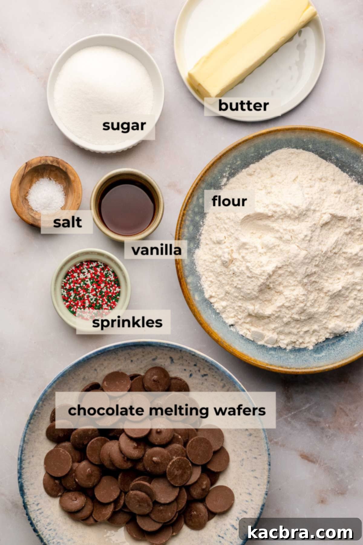 Irresistible Chocolate Cookie Dippers 4 Assortment of dry ingredients for shortbread cookies on a wooden surface.