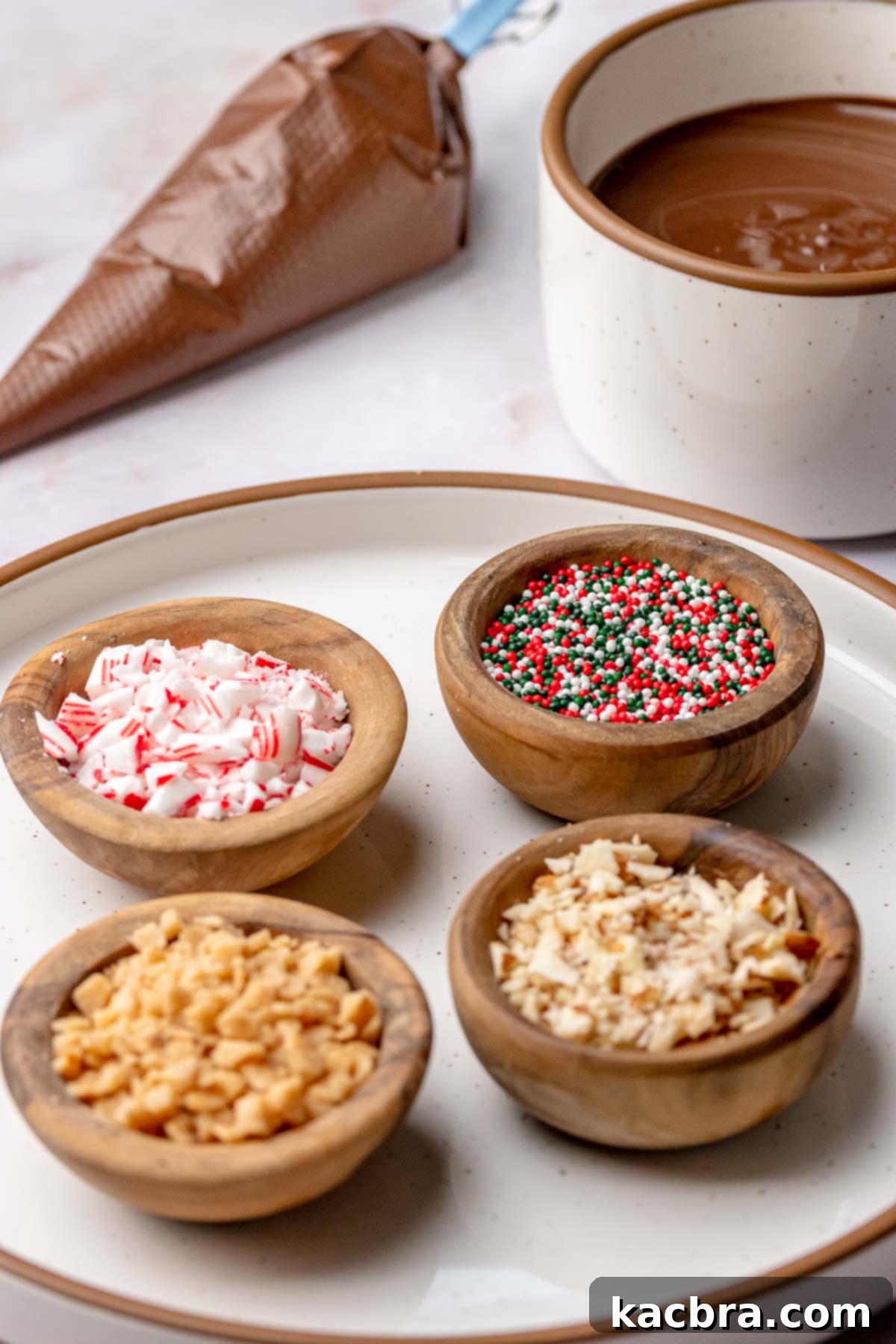 Chocolate Coated Cookie Wands 5 Melted chocolate and various toppings for dipping cookie sticks.