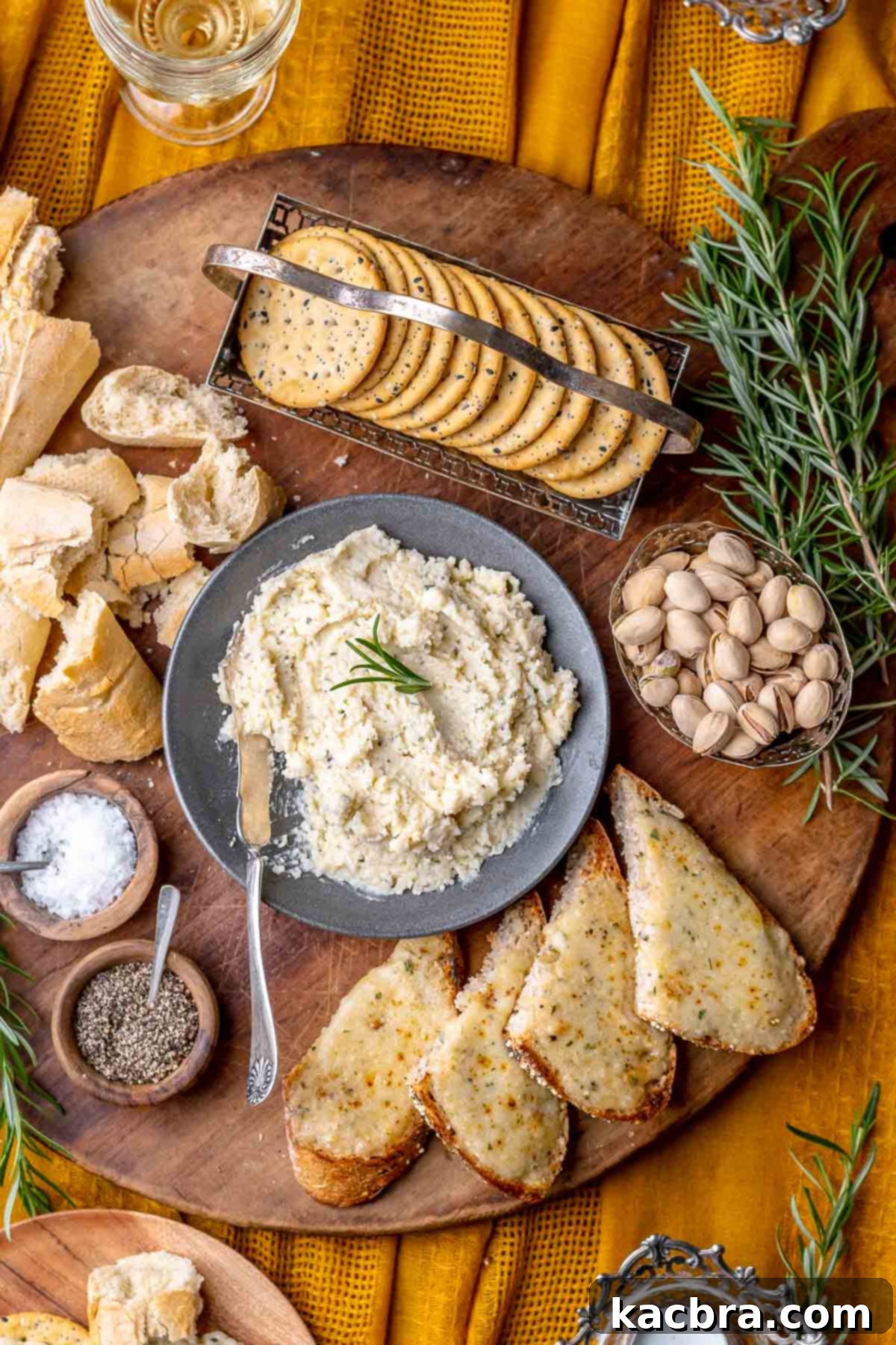 Potent French Cheese Spread 9 A bowl of Fromage Fort surrounded by various dippers like bread and vegetables.