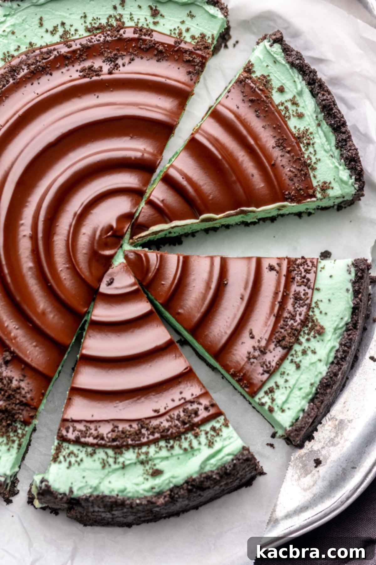 Finished sliced mint pie on a platter.