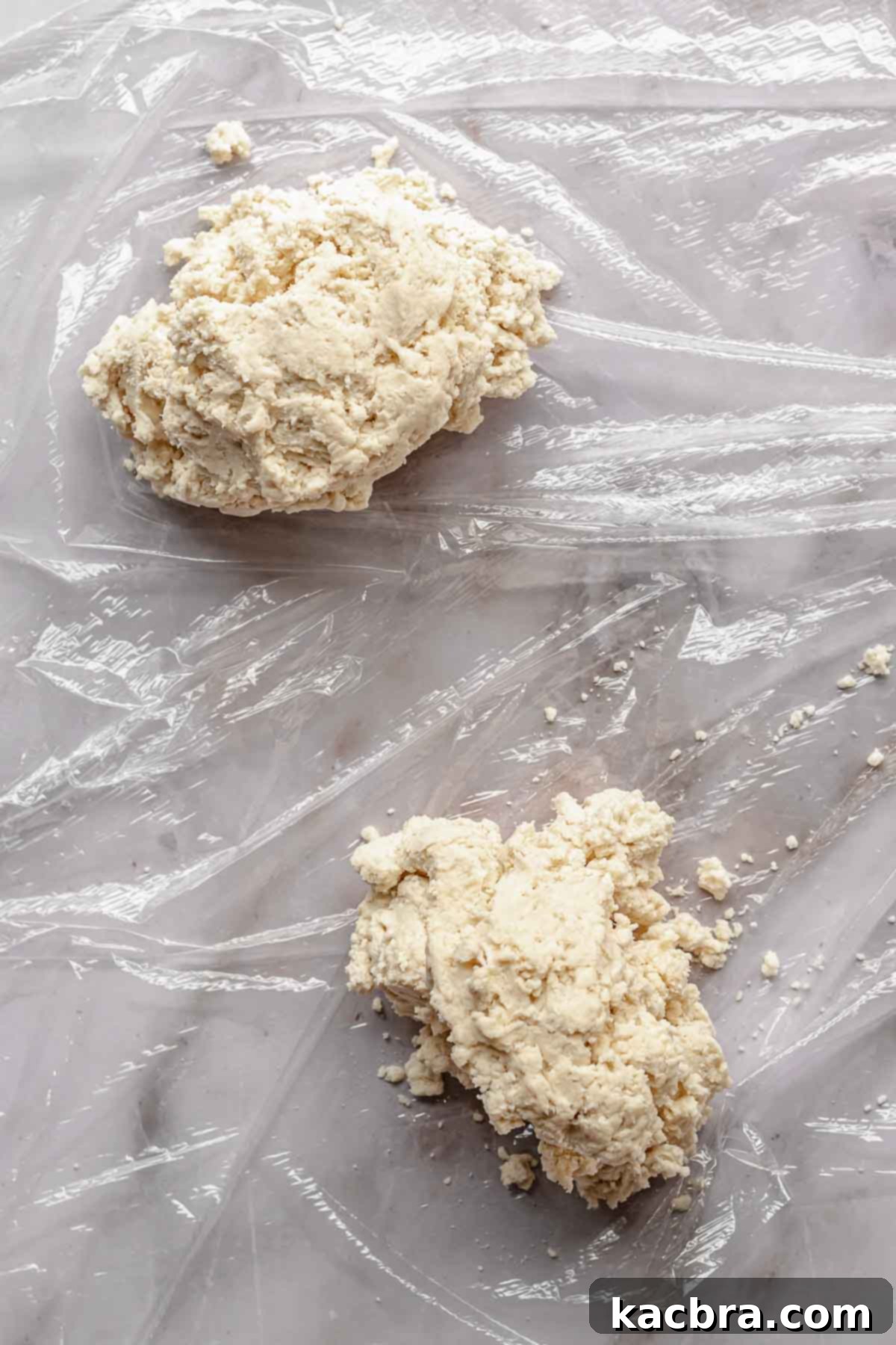 Perfectly Flaky All-Butter Crust 8 Two portions of pie dough placed on plastic wrap.