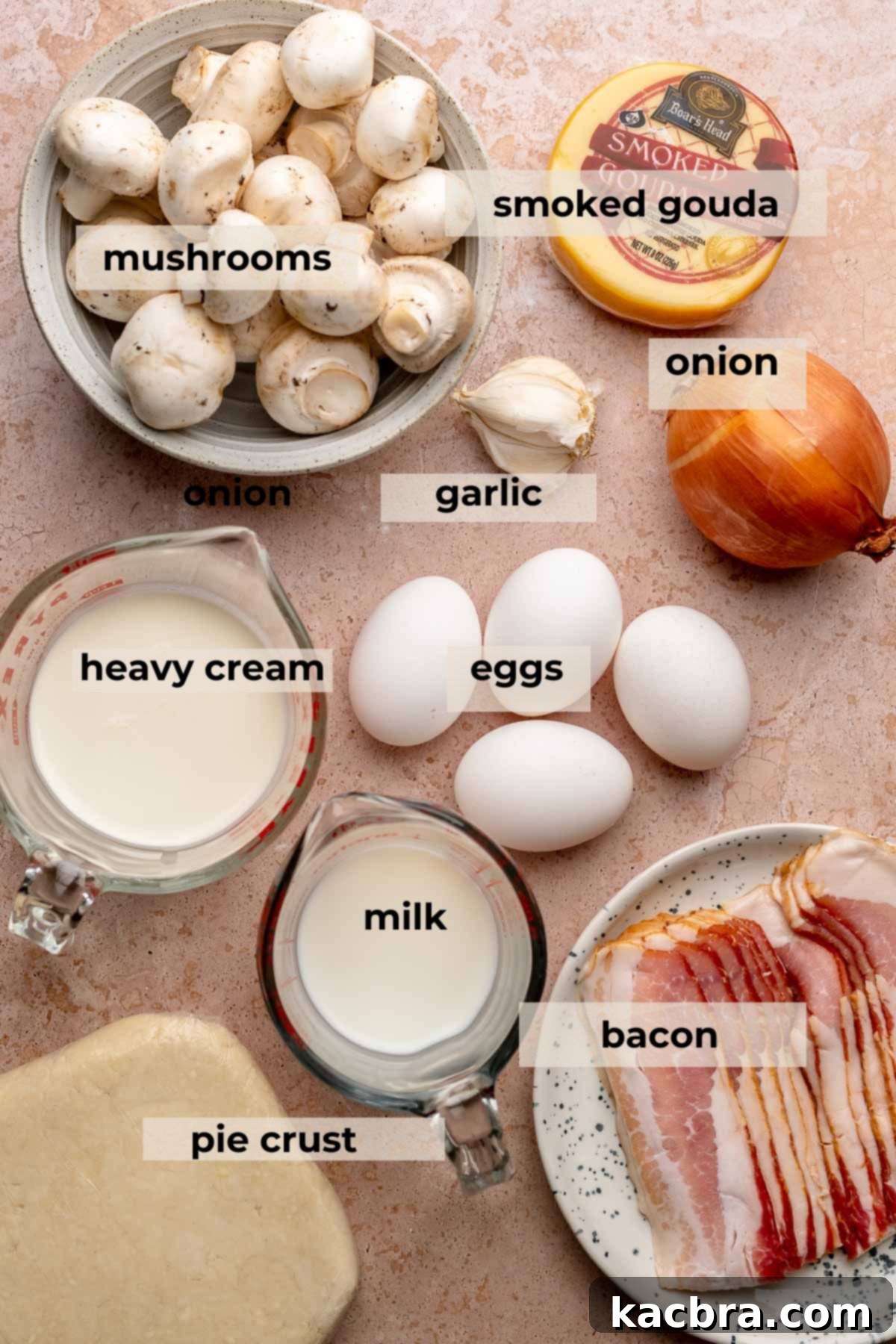 All the ingredients laid out for making bacon mushroom quiche.