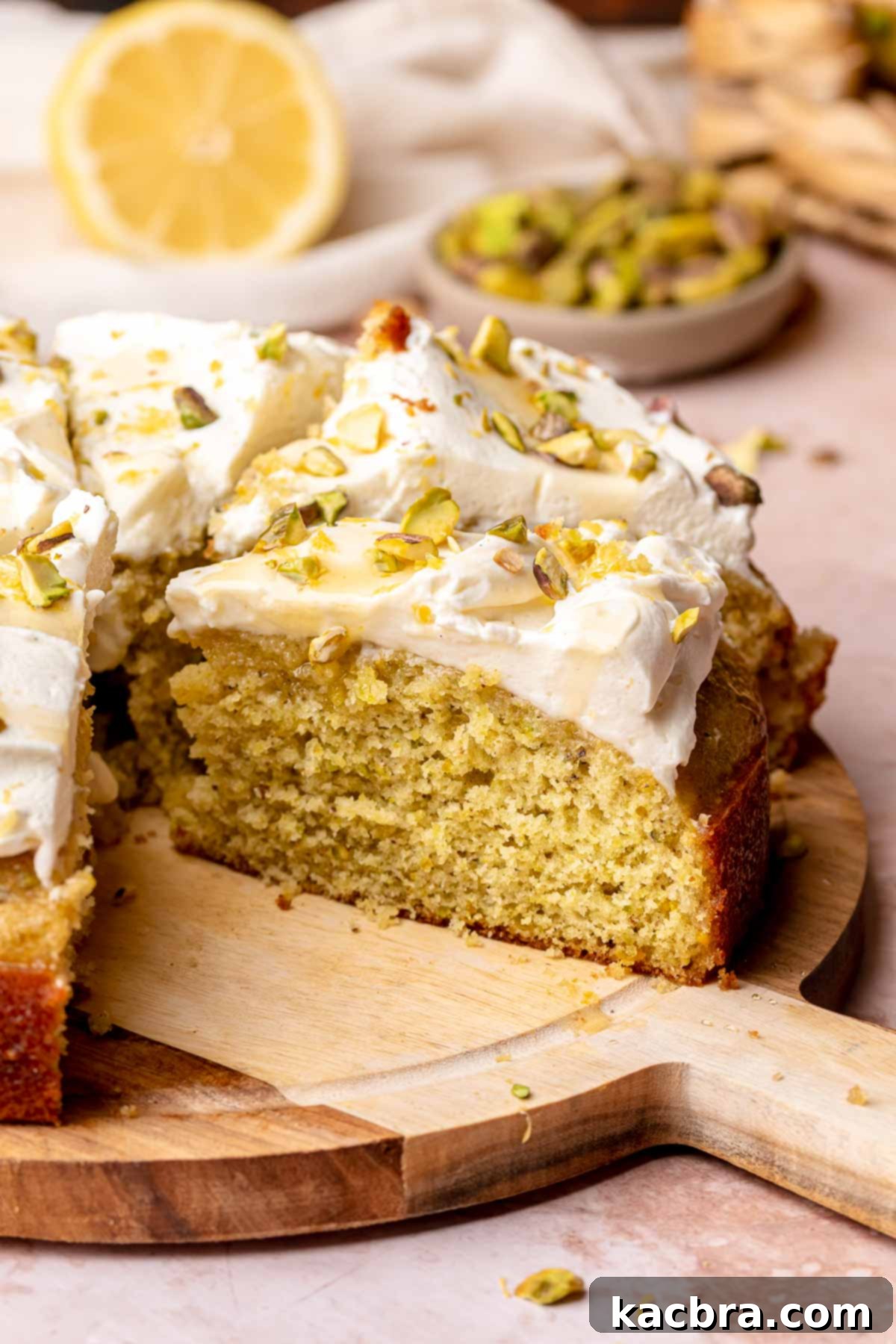 Golden Lemon Pistachio Dream with Honey Mascarpone Cloud 2 Sliced lemon pistachio cake on a wooden board, showcasing its vibrant layers and creamy frosting.