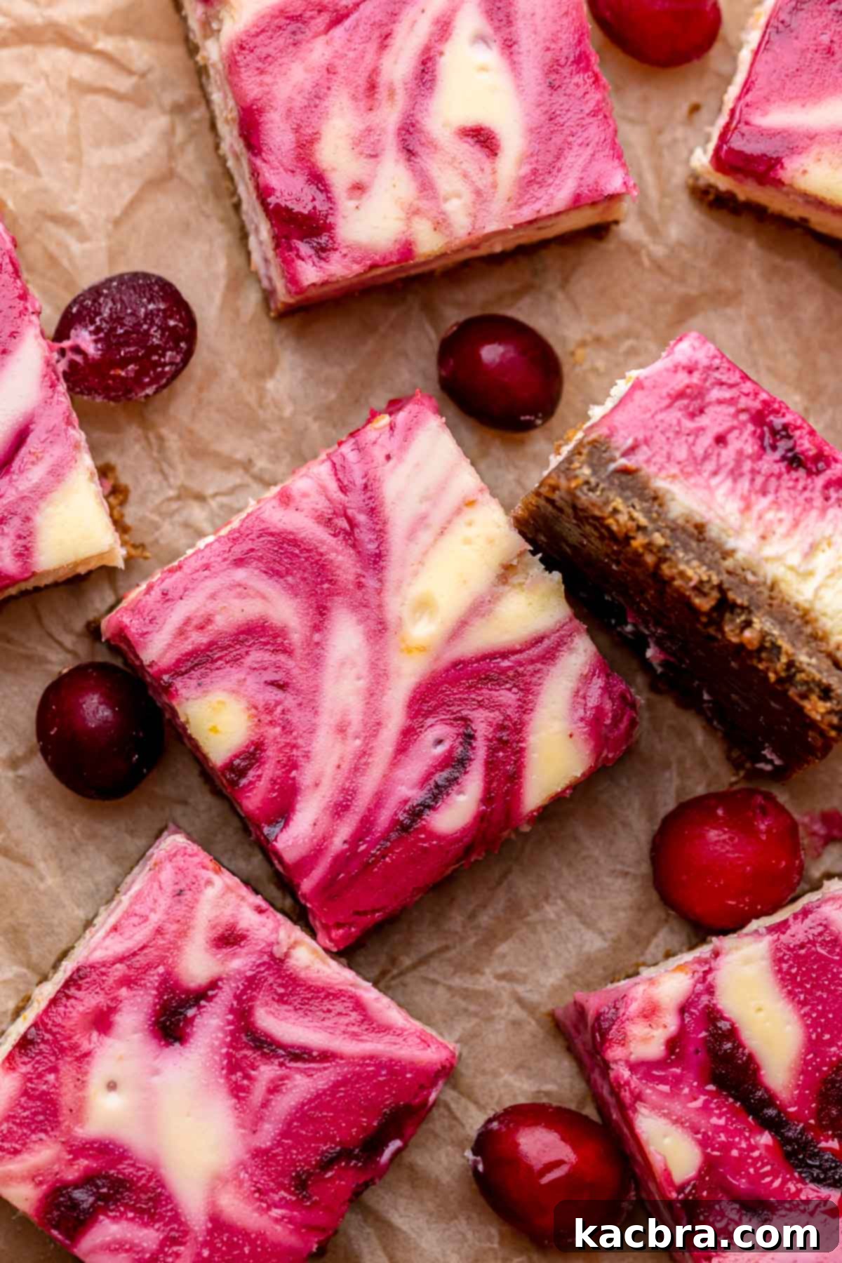 Beautifully cut cranberry cheesecake bars with fresh cranberries scattered around, highlighting their vibrant swirled interior and crisp gingersnap crust.