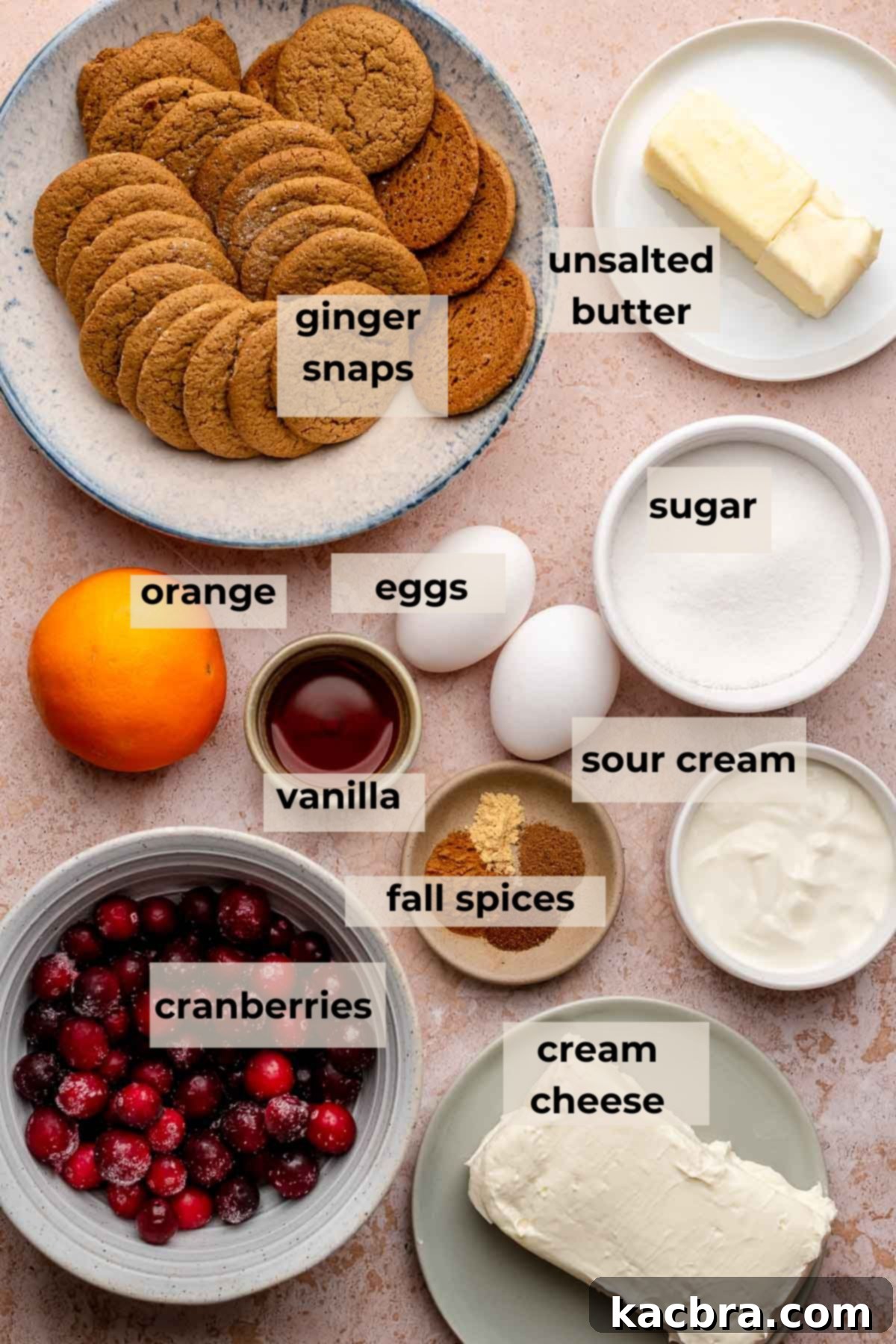 A curated selection of fresh ingredients, including vibrant cranberries, eggs, cream cheese, and spices, laid out for making cranberry cheesecake bars.