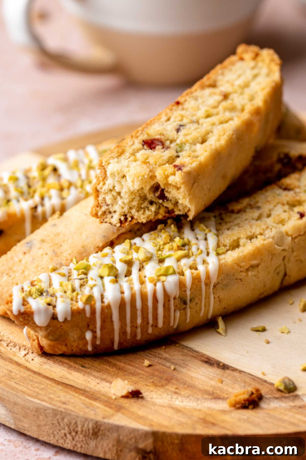 Delicious cranberry pistachio biscotti, perfectly crisp, served on a plate. A broken piece reveals the crunchy interior and vibrant cranberries, ideal for dipping.