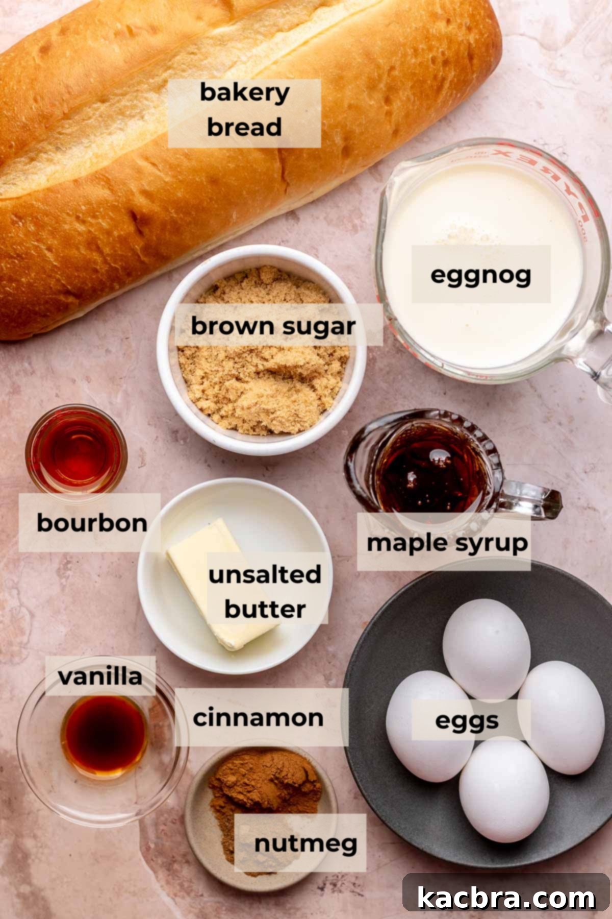 Ingredients for eggnog french toast casserole laid out on a table.
