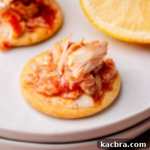 Crab cocktail dip on a cracker sitting on a plate, showcasing the recipe.